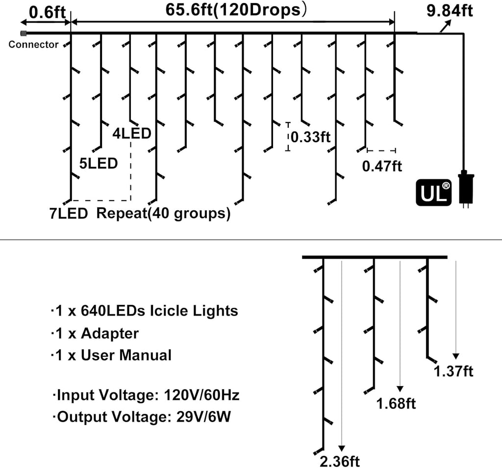 Warm White Christmas Lights Outdoor, 66ft 640 LED Icicle Lights for Outside House with Connectable Clear Wire 8 Modes Timer, Plug in Waterproof for Eaves Yard Party Indoor Holiday Decoration