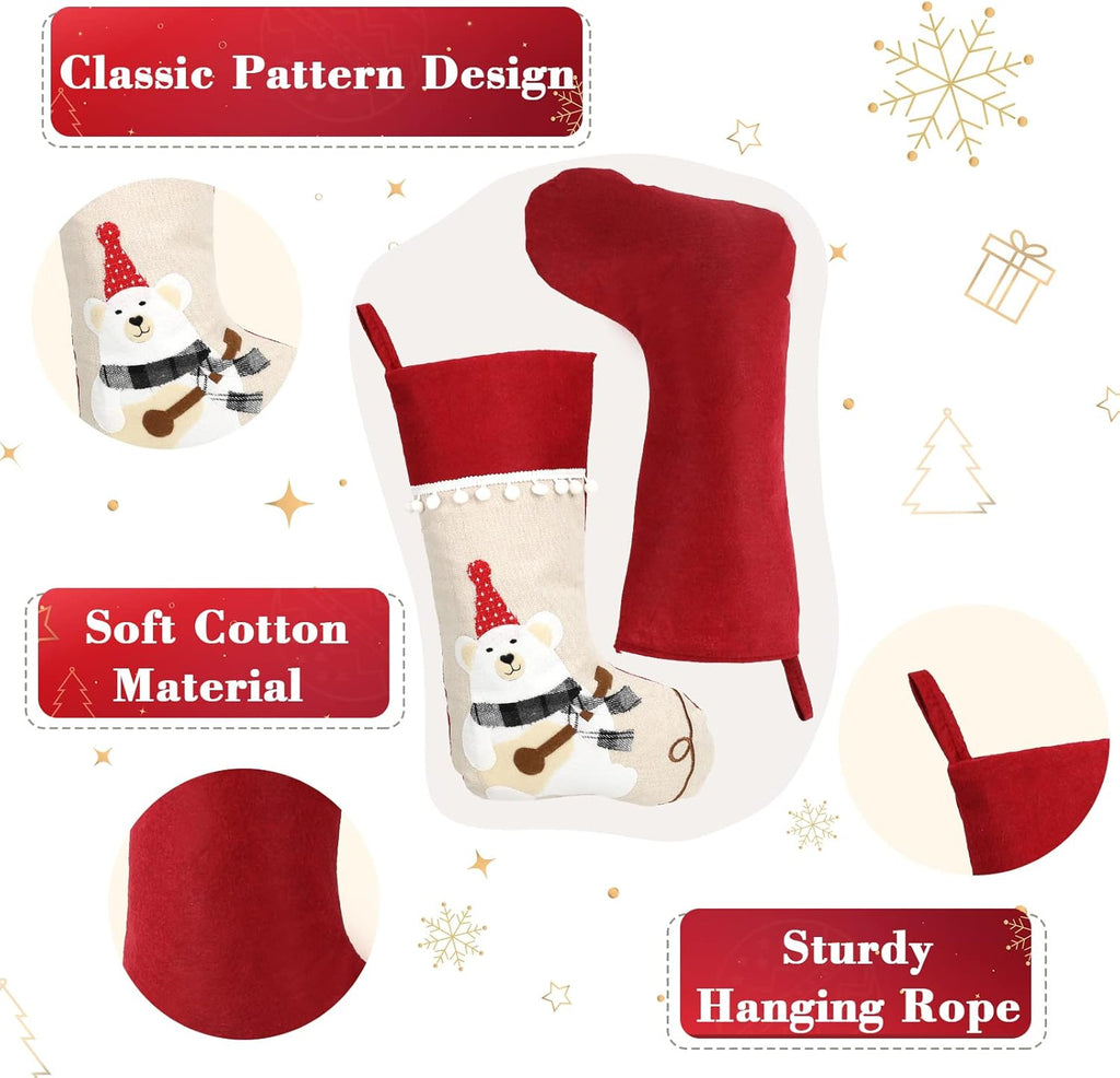 Christmas Stockings 4 Pack, 18'' Large Xmas Stockings with Santa Snowman Gnomes Pattern, Christmas Stockings for Family Stairs Fireplace Tree Hanging Home Decorations Party Season Decor