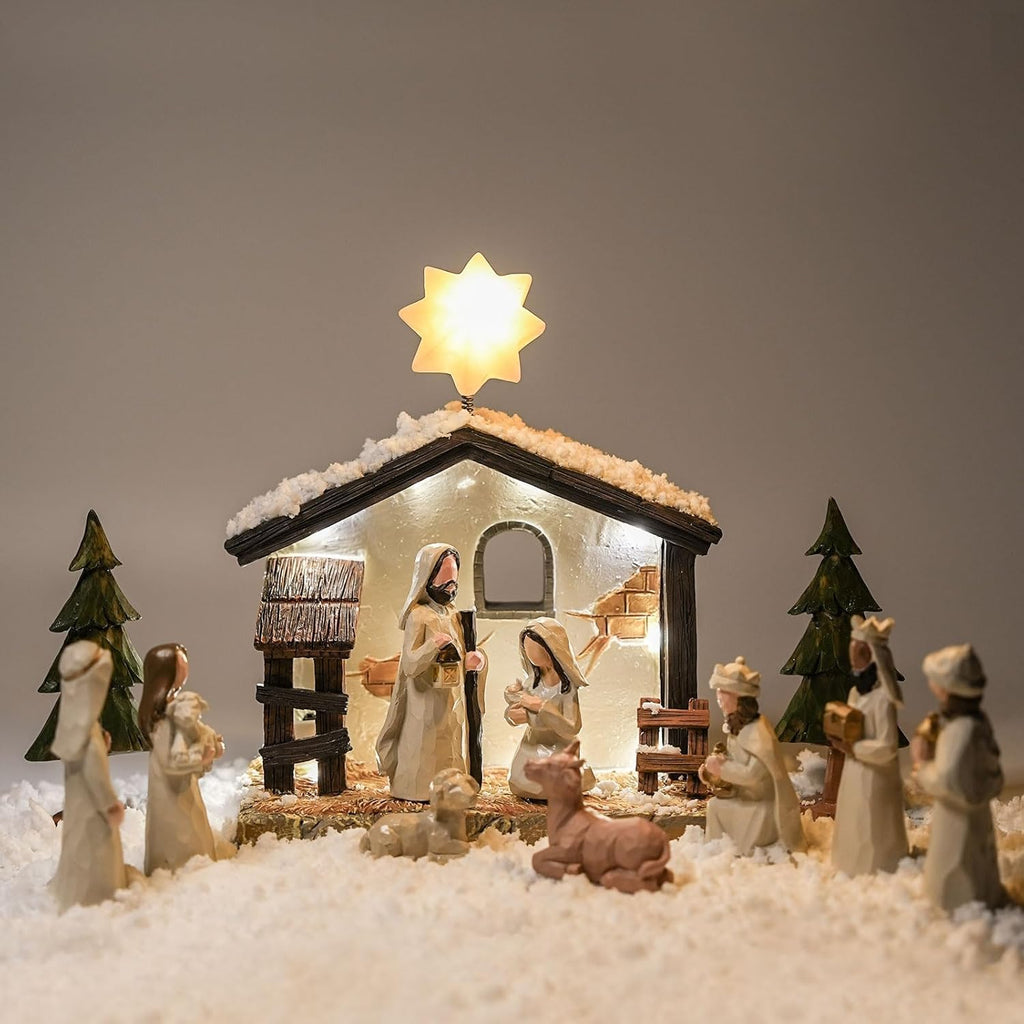 Nativity Set Indoor Christmas Decoration- 13 Pieces Nativity Scene with Manger for Nativity Scene Indoor Use, The Nativity Story Figures- Christian Religious Nativity Sets & Figures (Classic)