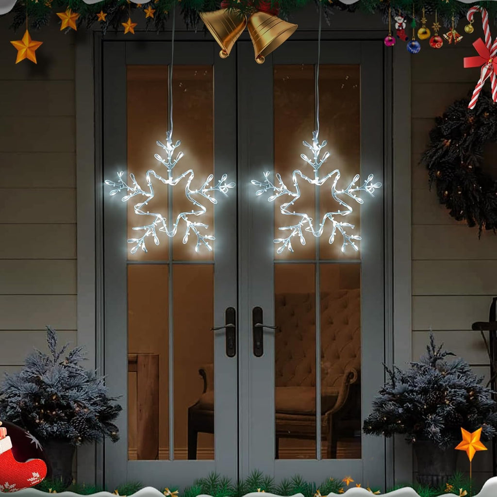 2 Pack Christmas Window Snowflake Lights, LED Hanging Decorations Iron Frame Lights, 8 Lighting Modes for Xmas Holiday Indoor Outdoor Wall Party Decor