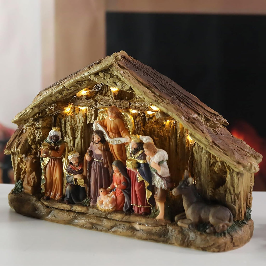 Bdor Nativity Scene Christmas Decoration, 11.4x3.5x7 Inch Lighted Jesus Birth Display, Holy Family Christmas Tabletop Decoration, Electric Manger Scene with LED Lights