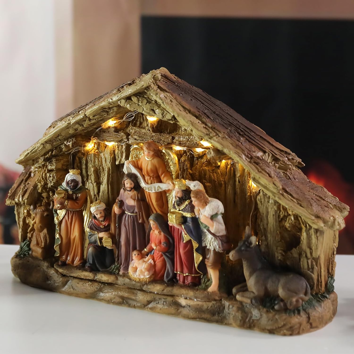 Bdor Nativity Scene Christmas Decoration, 11.4x3.5x7 Inch Lighted Jesus Birth Display, Holy Family Christmas Tabletop Decoration, Electric Manger Scene with LED Lights