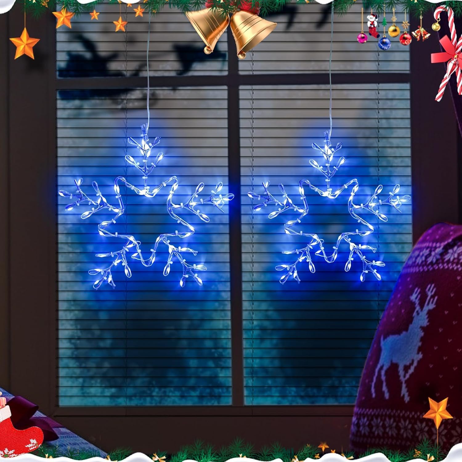 2 Pack Christmas Window Snowflake Lights, LED Hanging Decorations Iron Frame Lights, 8 Lighting Modes for Xmas Holiday Indoor Outdoor Wall Party Decor