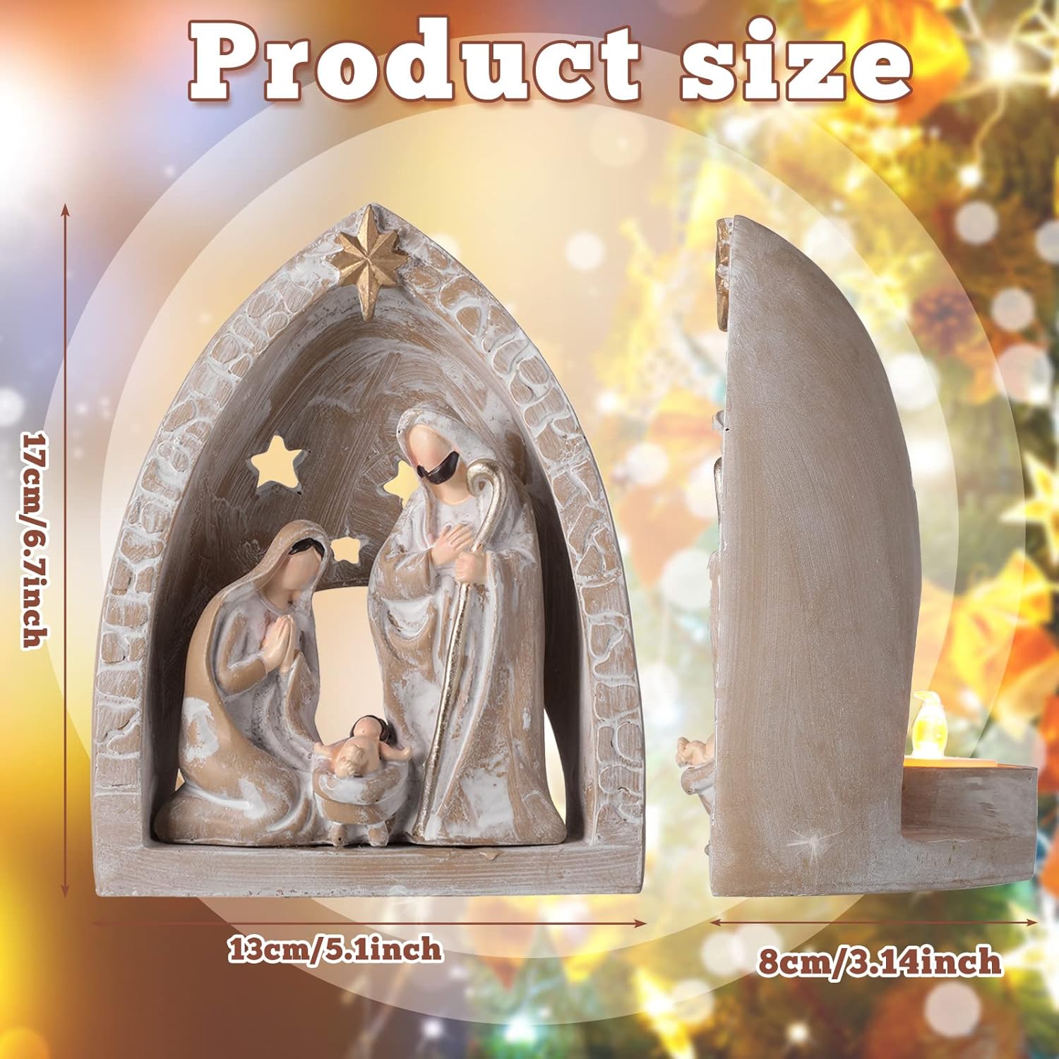 WILLBOND Christmas Multicolor Resin Nativity Scene with LED Tealight Candle Holder for Holiday Decoration