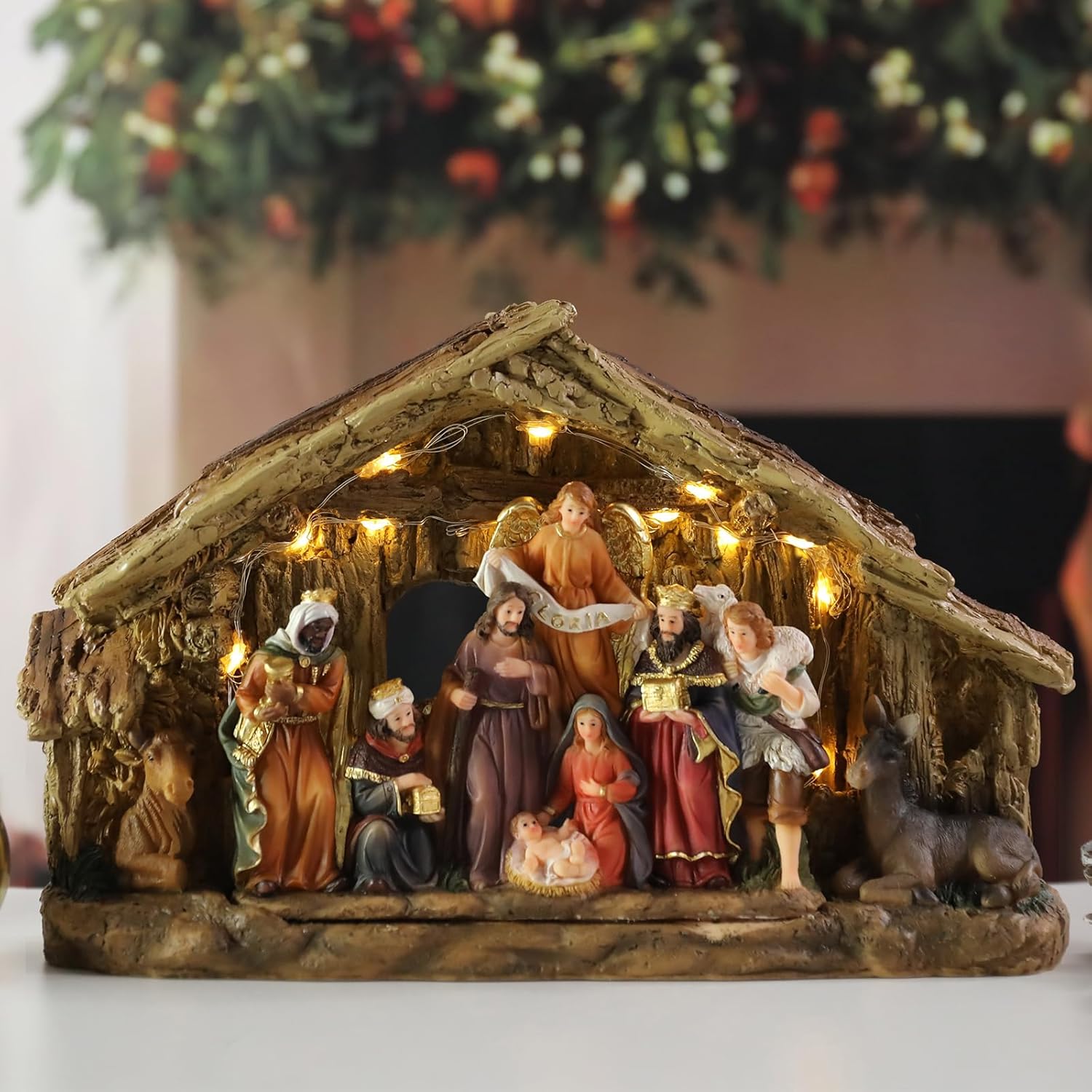 Bdor Nativity Scene Christmas Decoration, 11.4x3.5x7 Inch Lighted Jesus Birth Display, Holy Family Christmas Tabletop Decoration, Electric Manger Scene with LED Lights