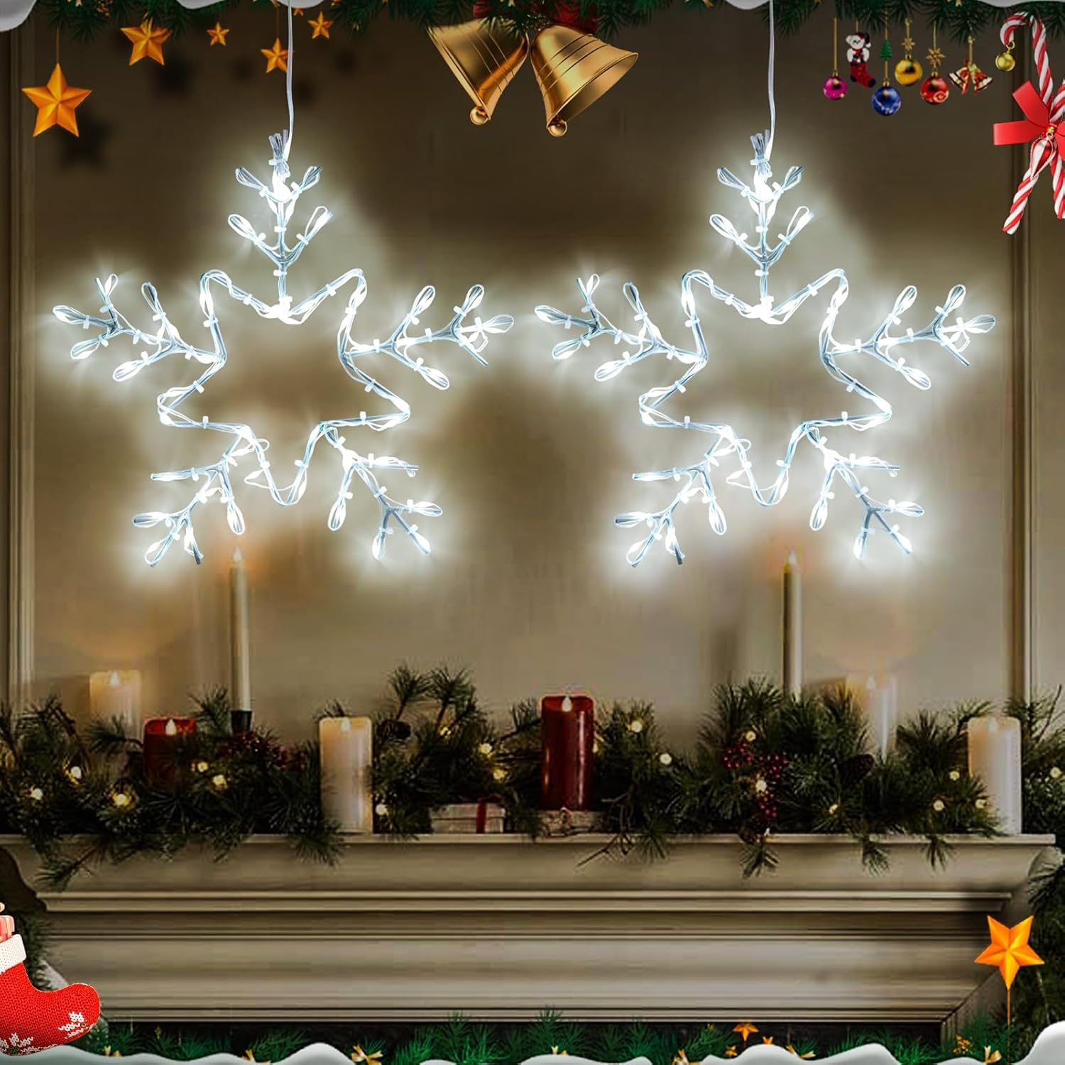2 Pack Christmas Window Snowflake Lights, LED Hanging Decorations Iron Frame Lights, 8 Lighting Modes for Xmas Holiday Indoor Outdoor Wall Party Decor