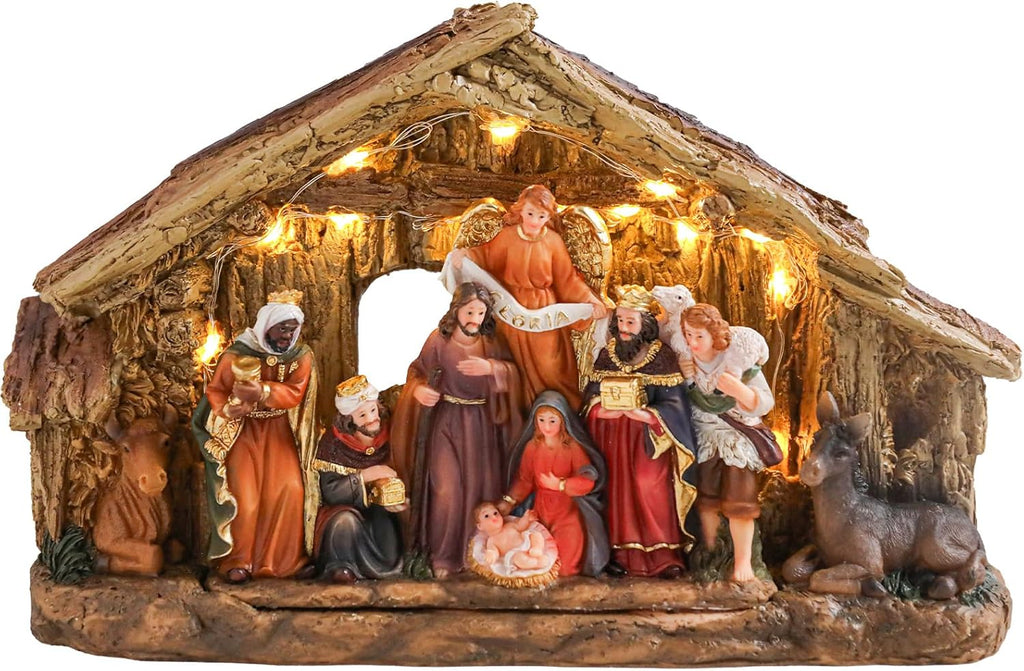 Bdor Nativity Scene Christmas Decoration, 11.4x3.5x7 Inch Lighted Jesus Birth Display, Holy Family Christmas Tabletop Decoration, Electric Manger Scene with LED Lights