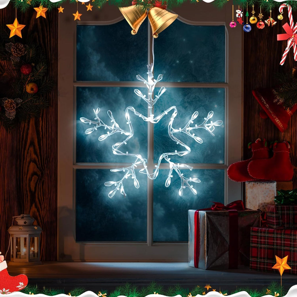 2 Pack Christmas Window Snowflake Lights, LED Hanging Decorations Iron Frame Lights, 8 Lighting Modes for Xmas Holiday Indoor Outdoor Wall Party Decor