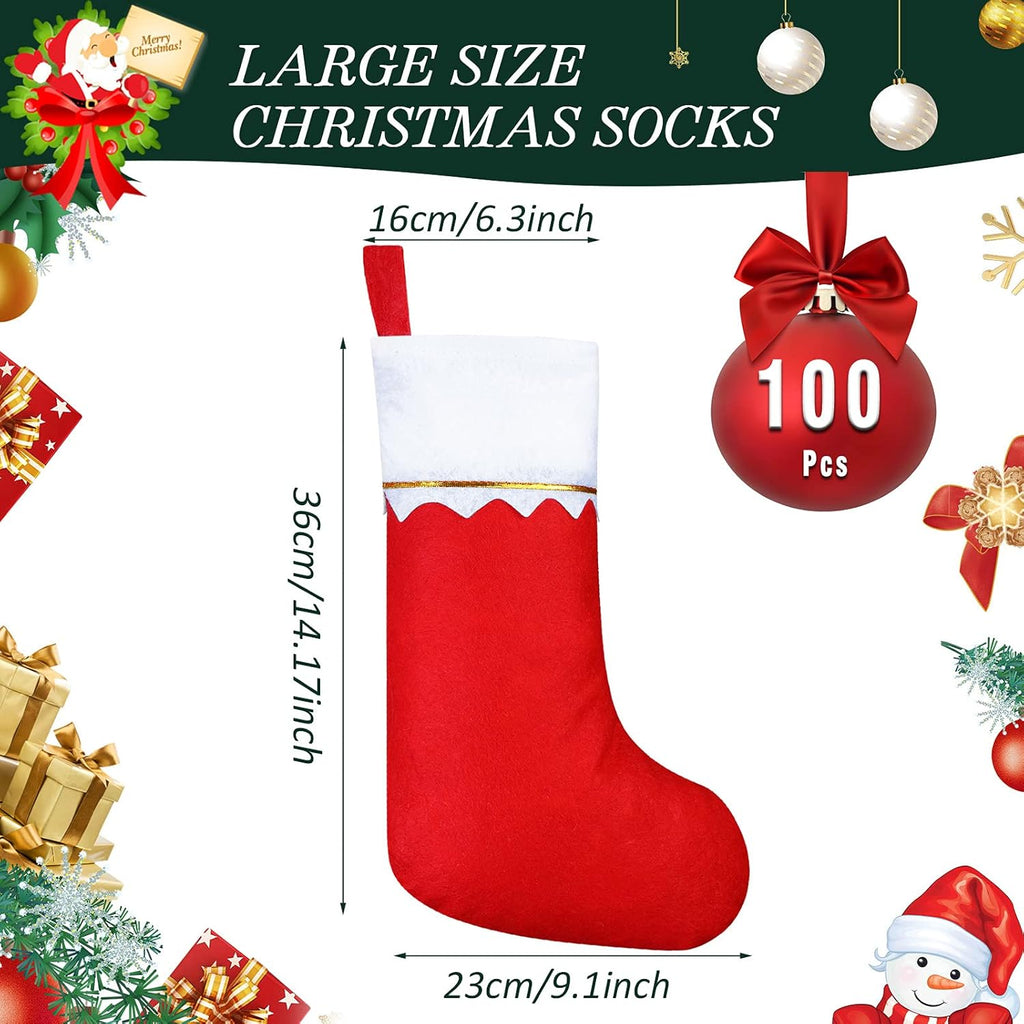 Sumind 100 Pieces Felt Christmas Stockings 15 Inch Party Favors Stockings Xmas Decoration Stockings Rustic Christmas Santa Stockings for Christmas (Red with White Trim)