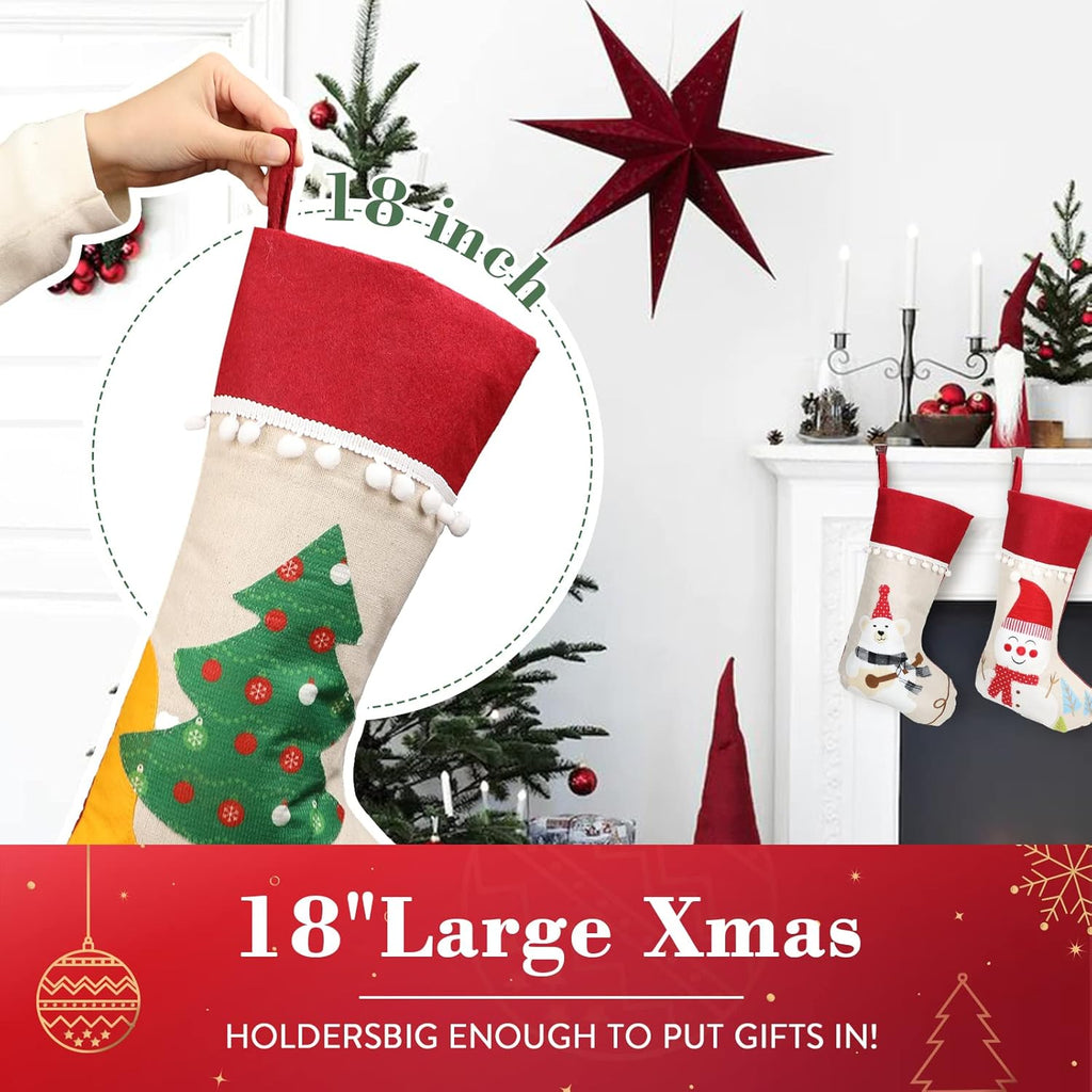 Christmas Stockings 4 Pack, 18'' Large Xmas Stockings with Santa Snowman Gnomes Pattern, Christmas Stockings for Family Stairs Fireplace Tree Hanging Home Decorations Party Season Decor