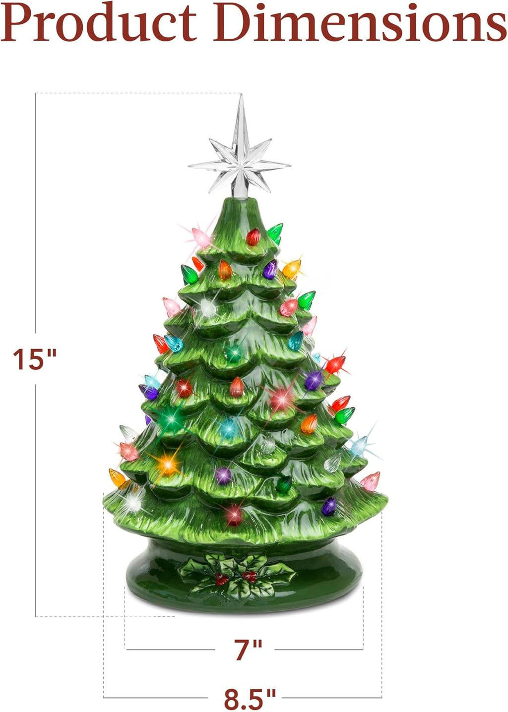 Best Choice Products 15in Ceramic Christmas Tree, Pre-lit Hand-Painted Tabletop Holiday Tree, Star Topper, 64 Lights - Green w/Multicolored Bulbs