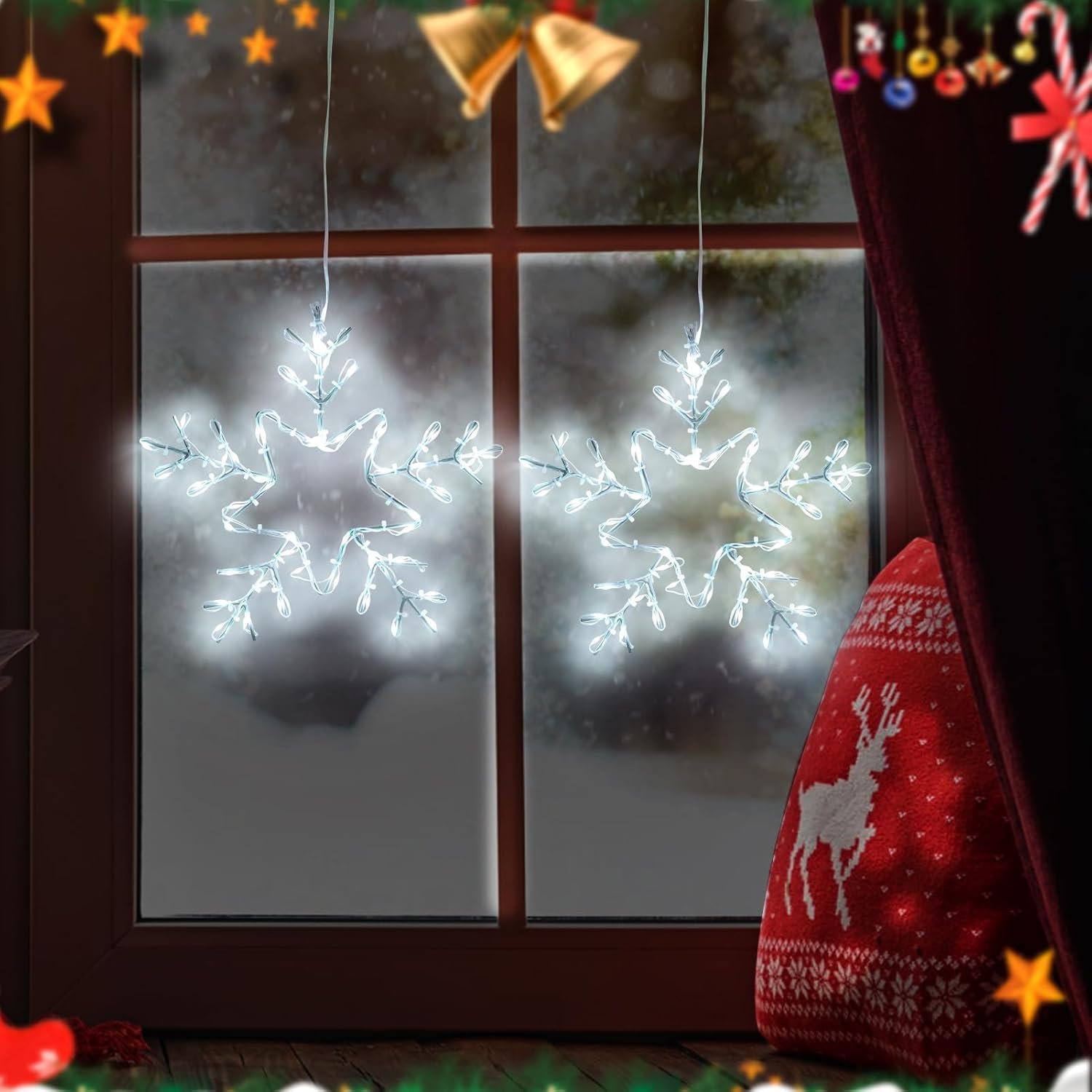 2 Pack Christmas Window Snowflake Lights, LED Hanging Decorations Iron Frame Lights, 8 Lighting Modes for Xmas Holiday Indoor Outdoor Wall Party Decor