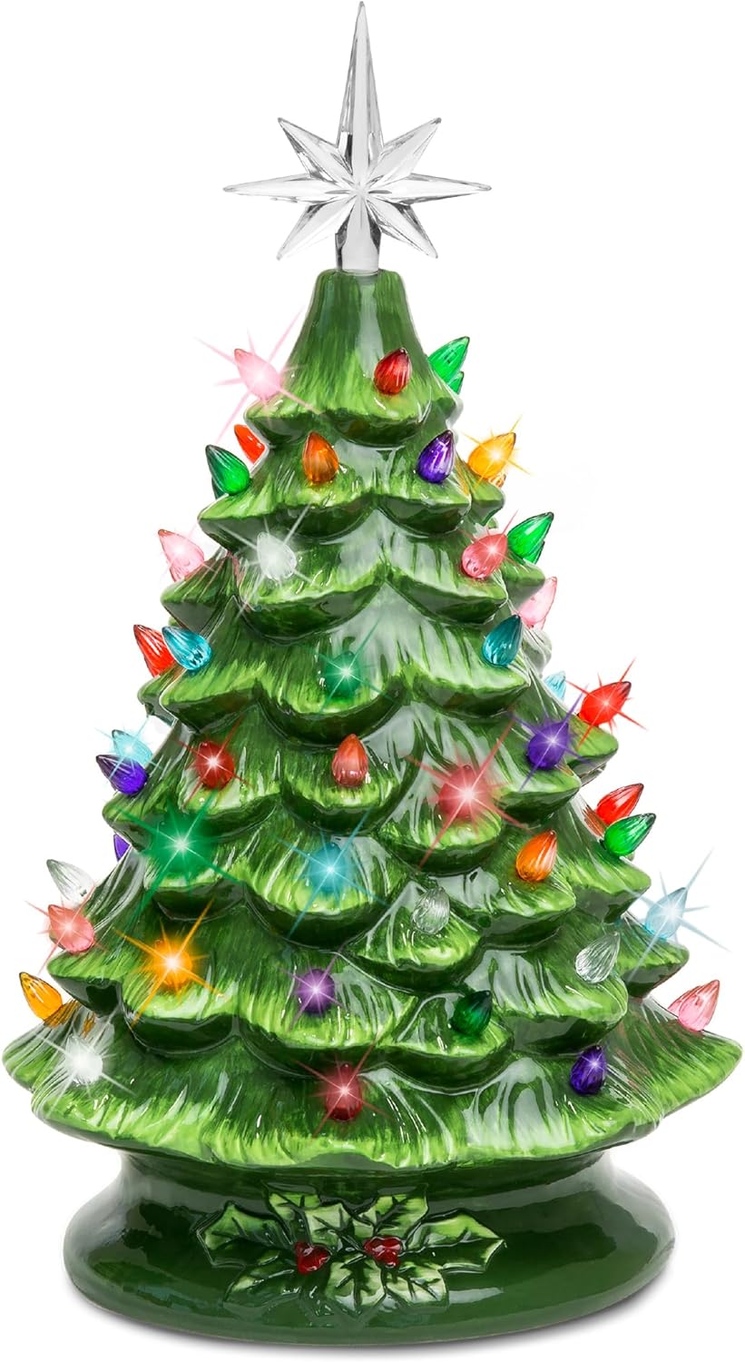 Best Choice Products 15in Ceramic Christmas Tree, Pre-lit Hand-Painted Tabletop Holiday Tree, Star Topper, 64 Lights - Green w/Multicolored Bulbs