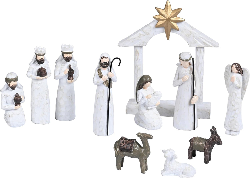 White Nativity Set for Kids, Resin Small Christmas Nativity Figurine, 11Pcs Miniature Nativity Scene, Modern Holy Family Manger Scene Tabletop Nativity Figurines for Christmas Indoor Decor