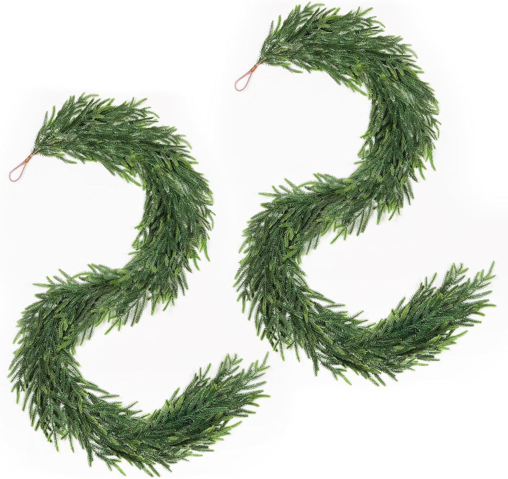 12FT（2 * 6FT） Christmas Norfolk Pine Garland, Real Touch Faux Green Garlands, Winter Artificial Greenery Garland for Mantle, Stairs, Table, Fireplace, Indoor & Outdoor Xmas Decorations