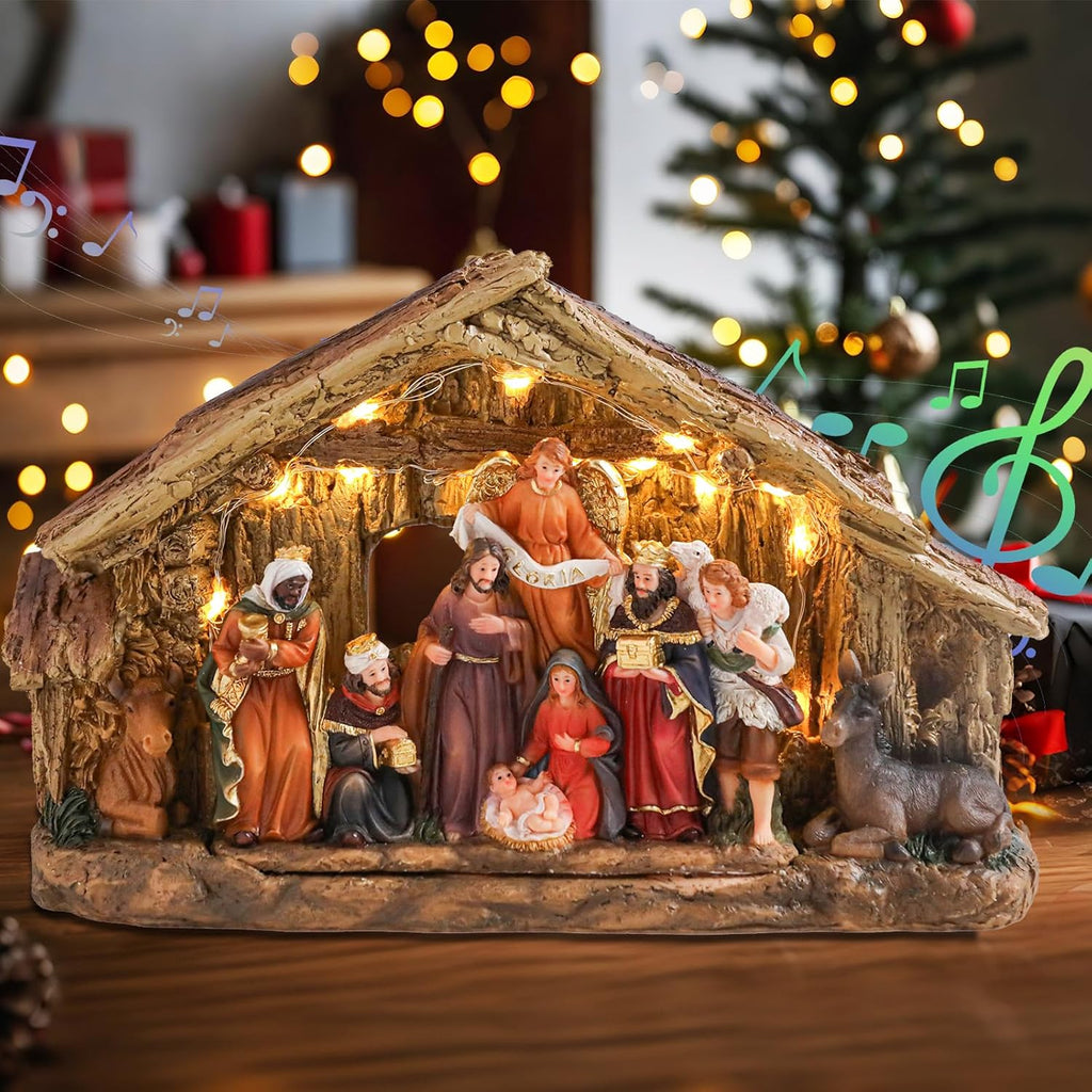 Bdor Nativity Scene Christmas Decoration, 11.4x3.5x7 Inch Lighted Jesus Birth Display, Holy Family Christmas Tabletop Decoration, Electric Manger Scene with LED Lights