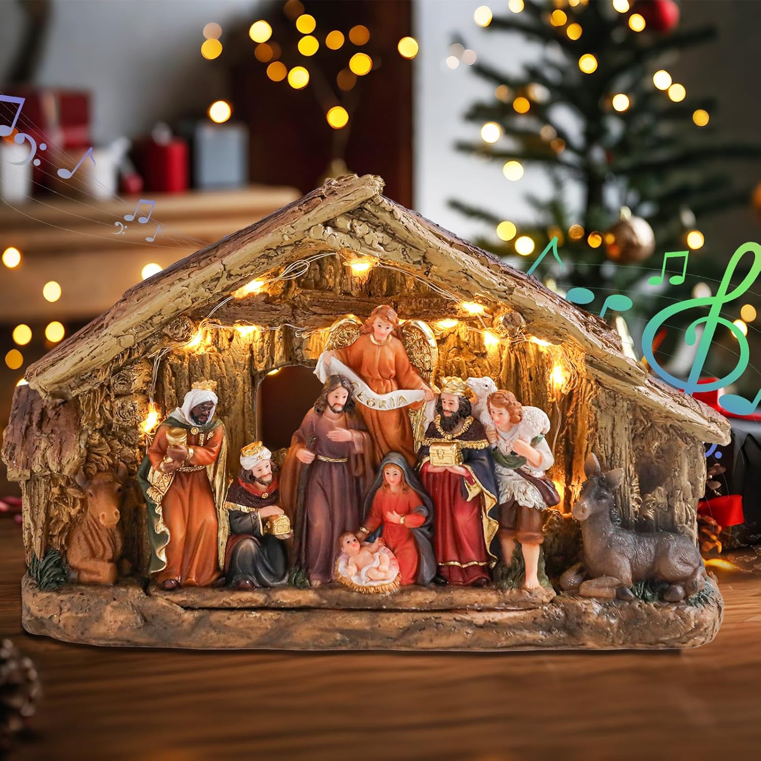 Bdor Nativity Scene Christmas Decoration, 11.4x3.5x7 Inch Lighted Jesus Birth Display, Holy Family Christmas Tabletop Decoration, Electric Manger Scene with LED Lights