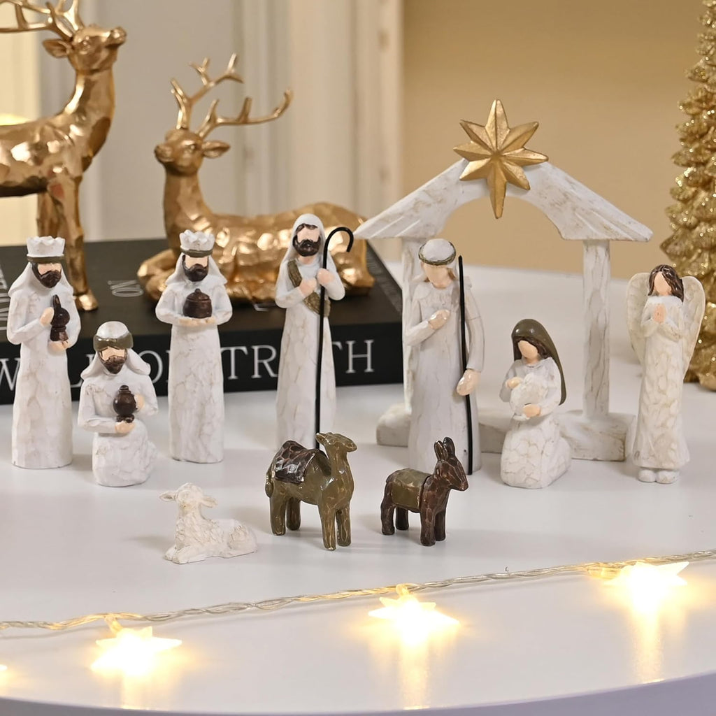 White Nativity Set for Kids, Resin Small Christmas Nativity Figurine, 11Pcs Miniature Nativity Scene, Modern Holy Family Manger Scene Tabletop Nativity Figurines for Christmas Indoor Decor