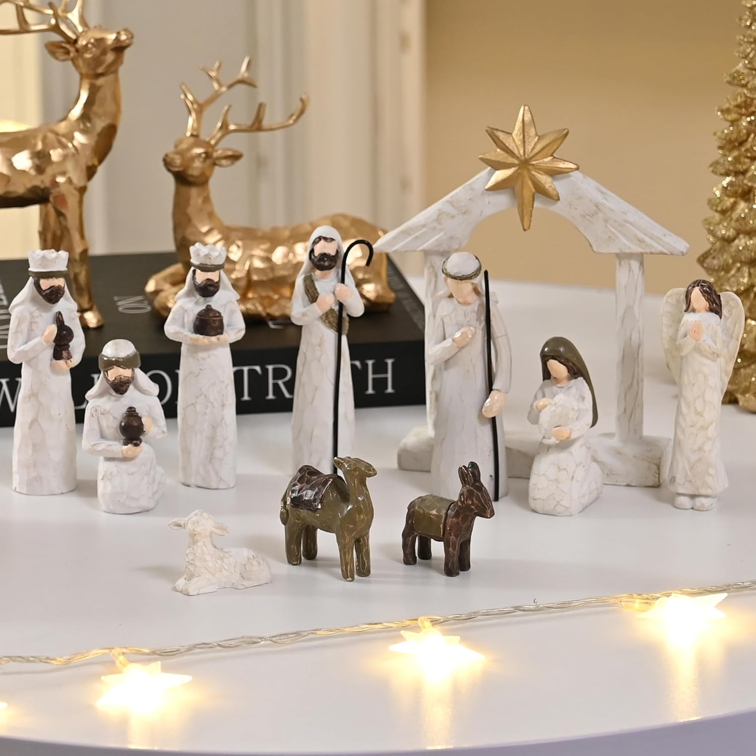 White Nativity Set for Kids, Resin Small Christmas Nativity Figurine, 11Pcs Miniature Nativity Scene, Modern Holy Family Manger Scene Tabletop Nativity Figurines for Christmas Indoor Decor