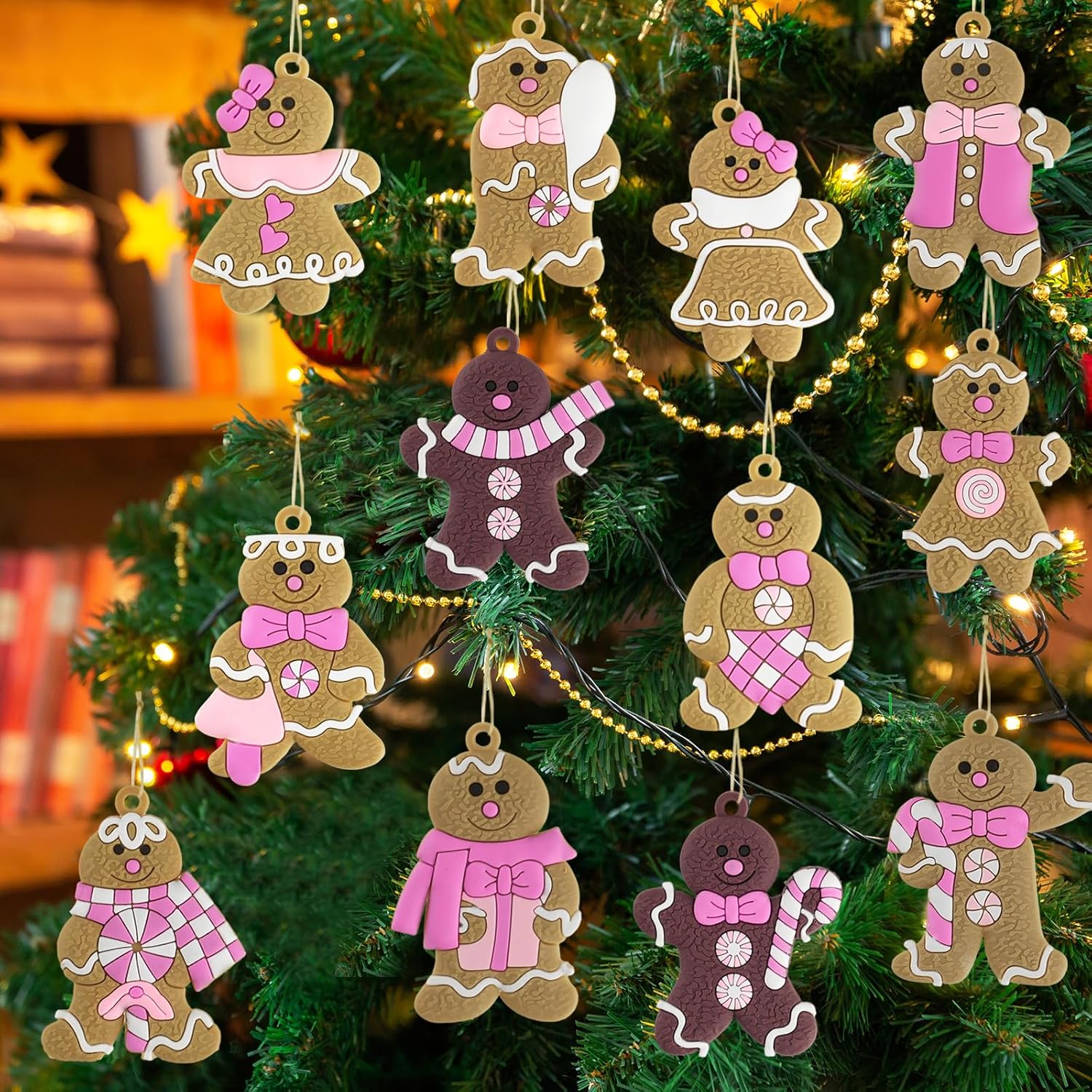 12pcs Gingerbread Man Ornaments for Christmas Tree, Assorted Gingerbread Figurines Ornaments, Christmas Tree Hanging Decorations, 3 Inch Tall