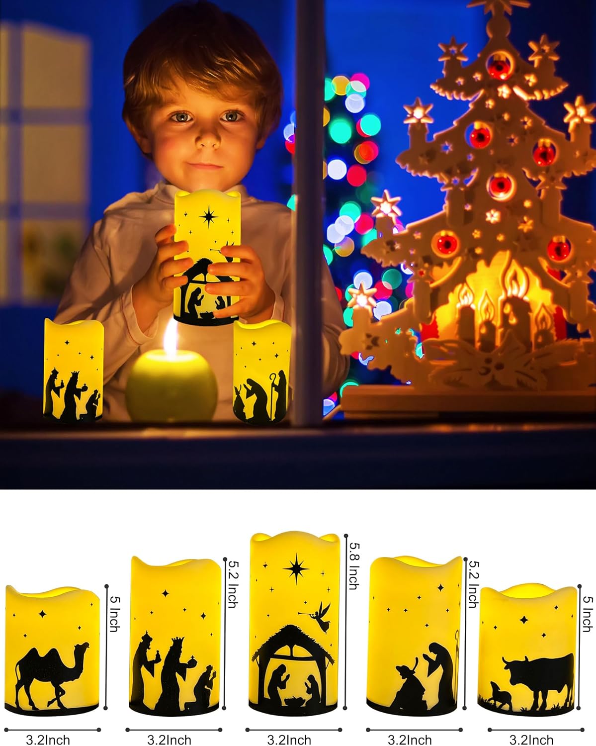 5 Pcs Flameless Christmas Nativity Scene Candles with Timer, Nativity Scene Set Candles Christmas Decorations Indoor Outdoor, Flickering LED Religious Candle for Home Holiday Decor