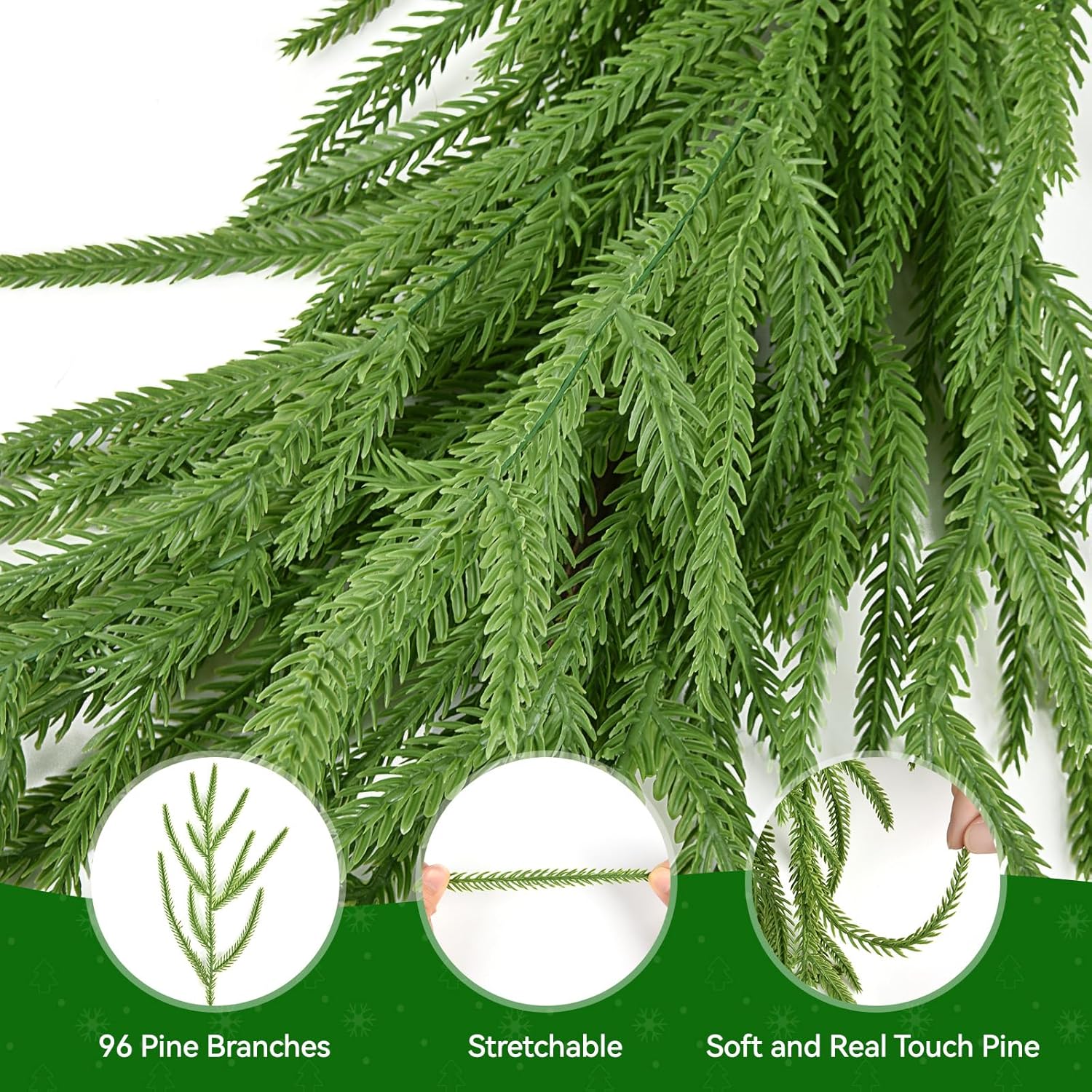Christmas Garland, 9FT Artificial Norfolk Pine Garland, Real Touch Pine Garland, 96 Branches Christmas Garland for Mantle, Staircase, Banister, Indoor, Outdoor Christmas Decorations