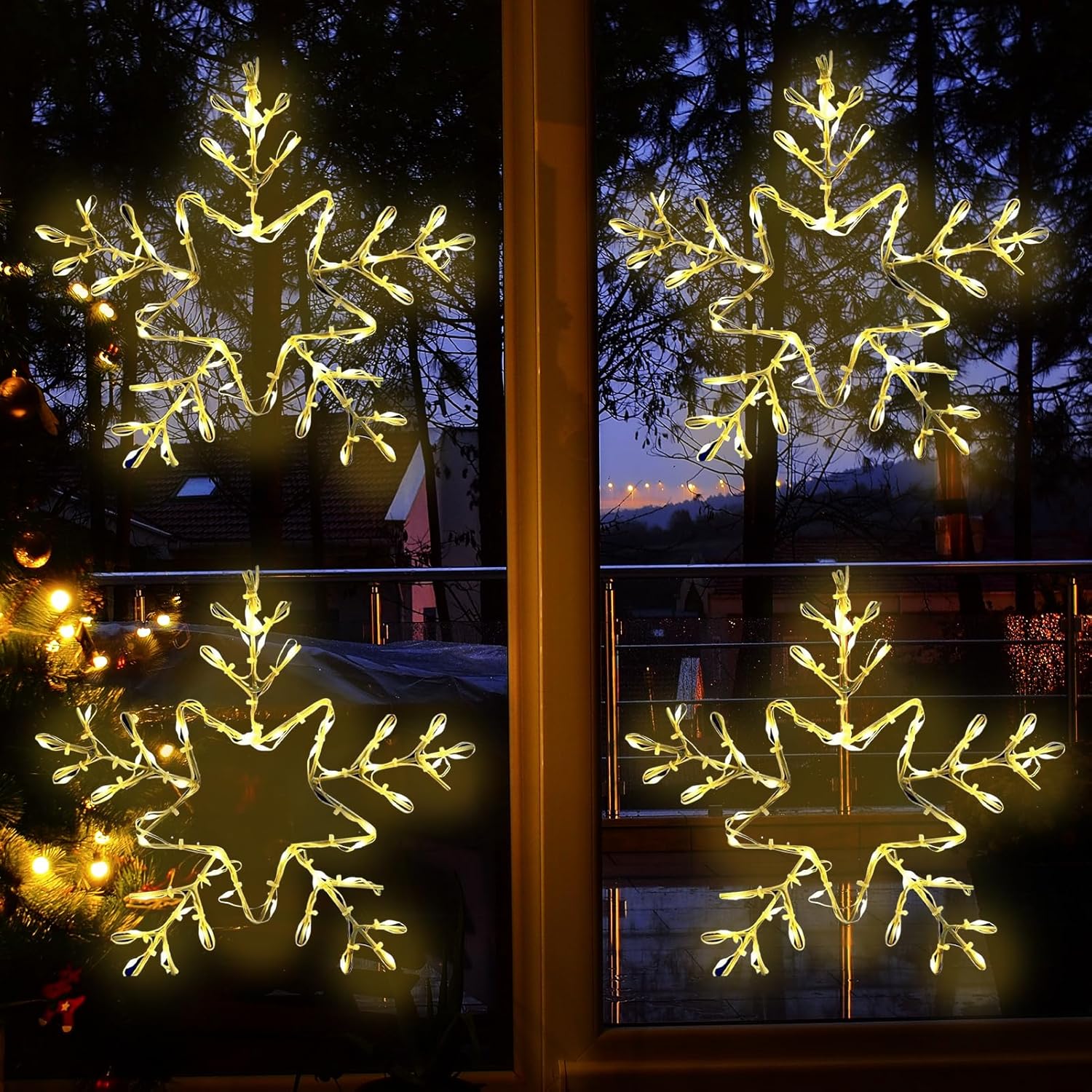 2 Pack Christmas Window Snowflake Lights, LED Hanging Decorations Iron Frame Lights, 8 Lighting Modes for Xmas Holiday Indoor Outdoor Wall Party Decor