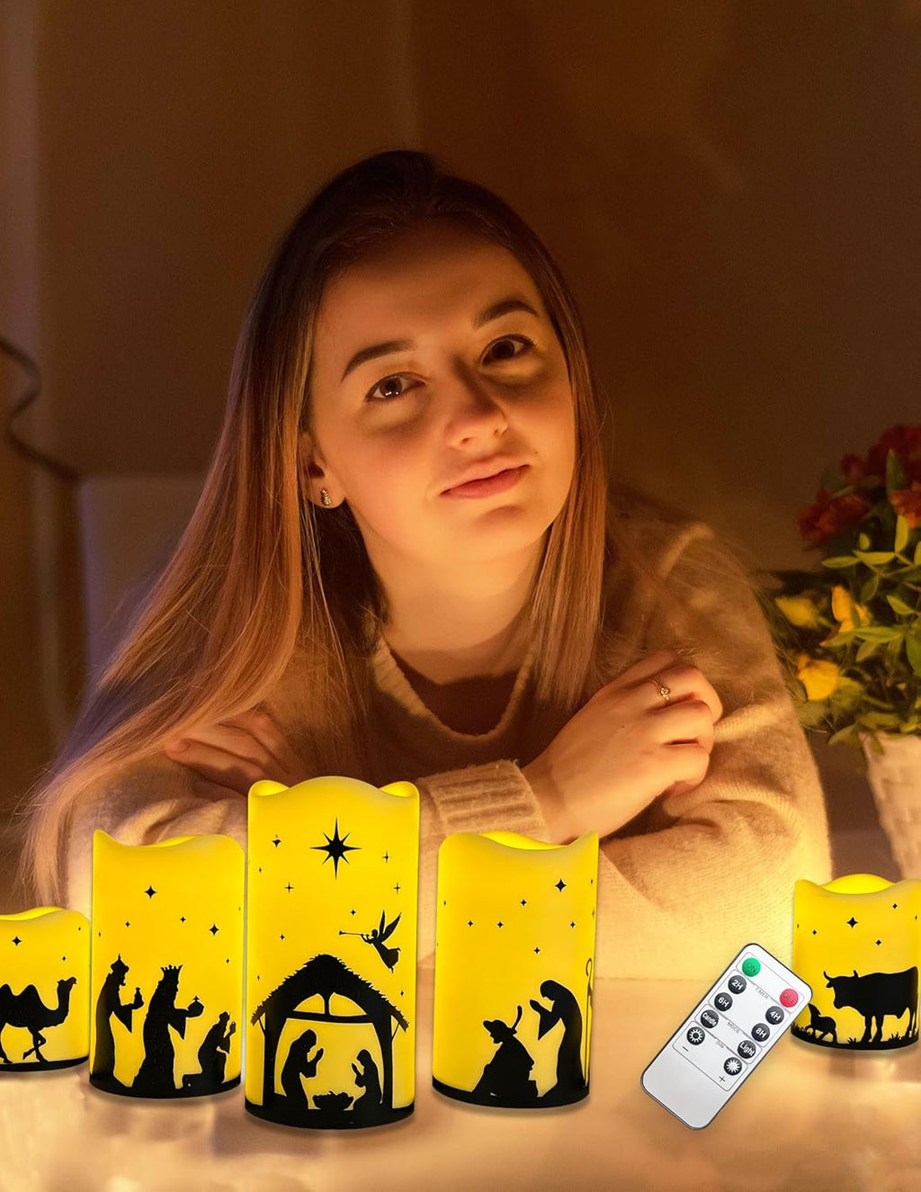 5 Pcs Flameless Christmas Nativity Scene Candles with Timer, Nativity Scene Set Candles Christmas Decorations Indoor Outdoor, Flickering LED Religious Candle for Home Holiday Decor