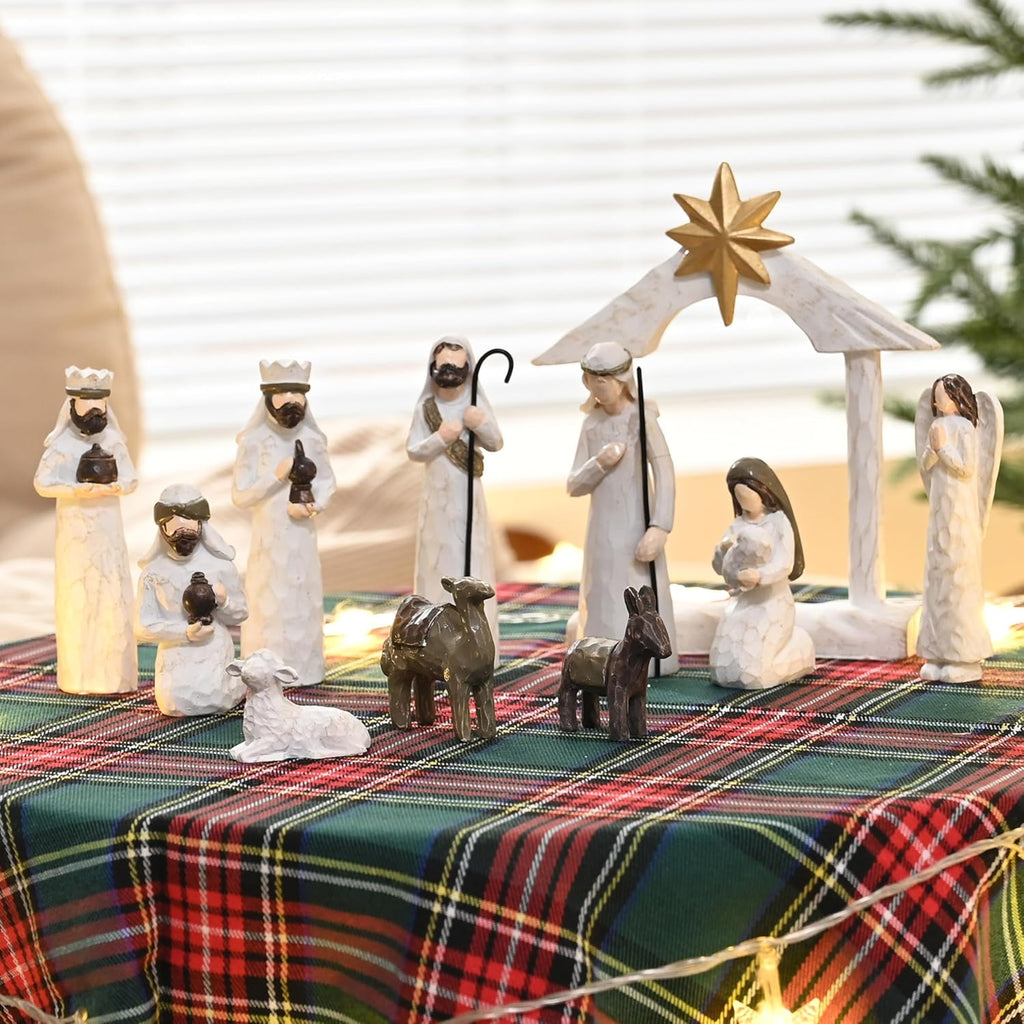 White Nativity Set for Kids, Resin Small Christmas Nativity Figurine, 11Pcs Miniature Nativity Scene, Modern Holy Family Manger Scene Tabletop Nativity Figurines for Christmas Indoor Decor