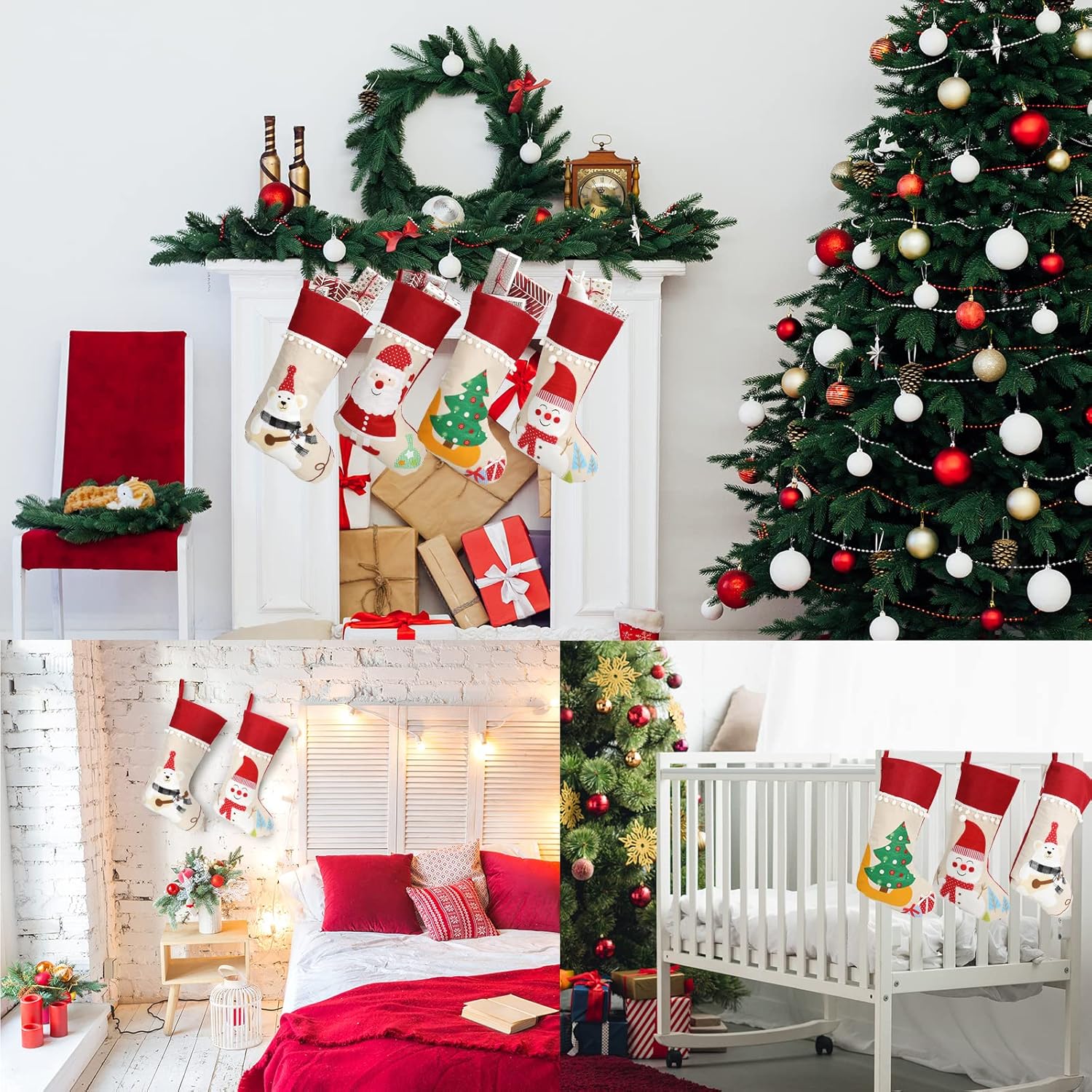 Christmas Stockings 4 Pack, 18'' Large Xmas Stockings with Santa Snowman Gnomes Pattern, Christmas Stockings for Family Stairs Fireplace Tree Hanging Home Decorations Party Season Decor