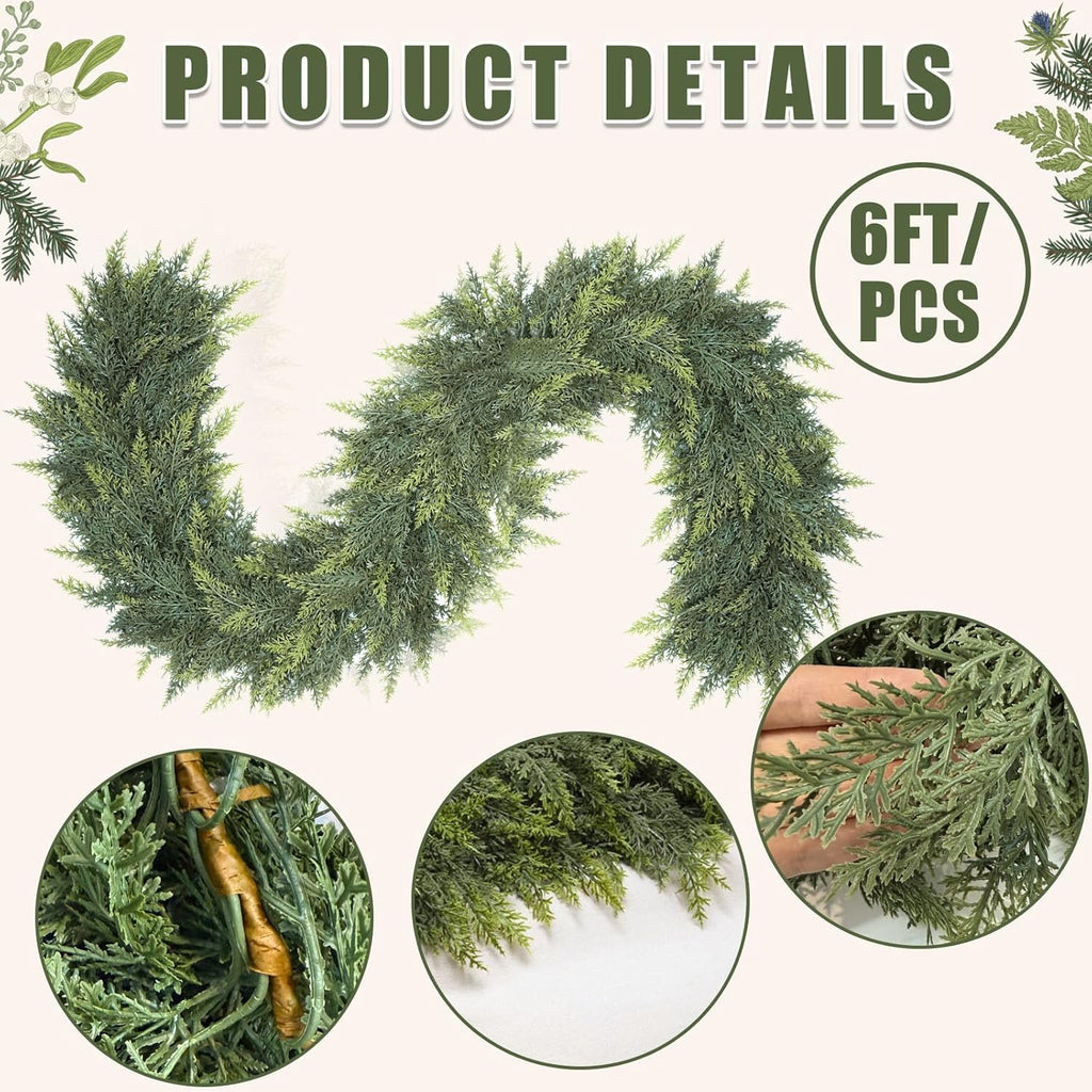6 Ft Christmas Cedar Garland, Realistic Faux Pine Garlands, Green Artificial Greenery Garland for Winter Home, Mantle, Fireplace, Indoor, Outdoor Christmas Decorations (1Pcs)
