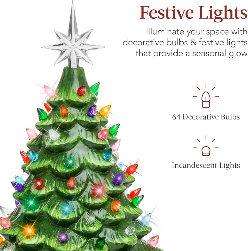 Best Choice Products 15in Ceramic Christmas Tree, Pre-lit Hand-Painted Tabletop Holiday Tree, Star Topper, 64 Lights - Green w/Multicolored Bulbs