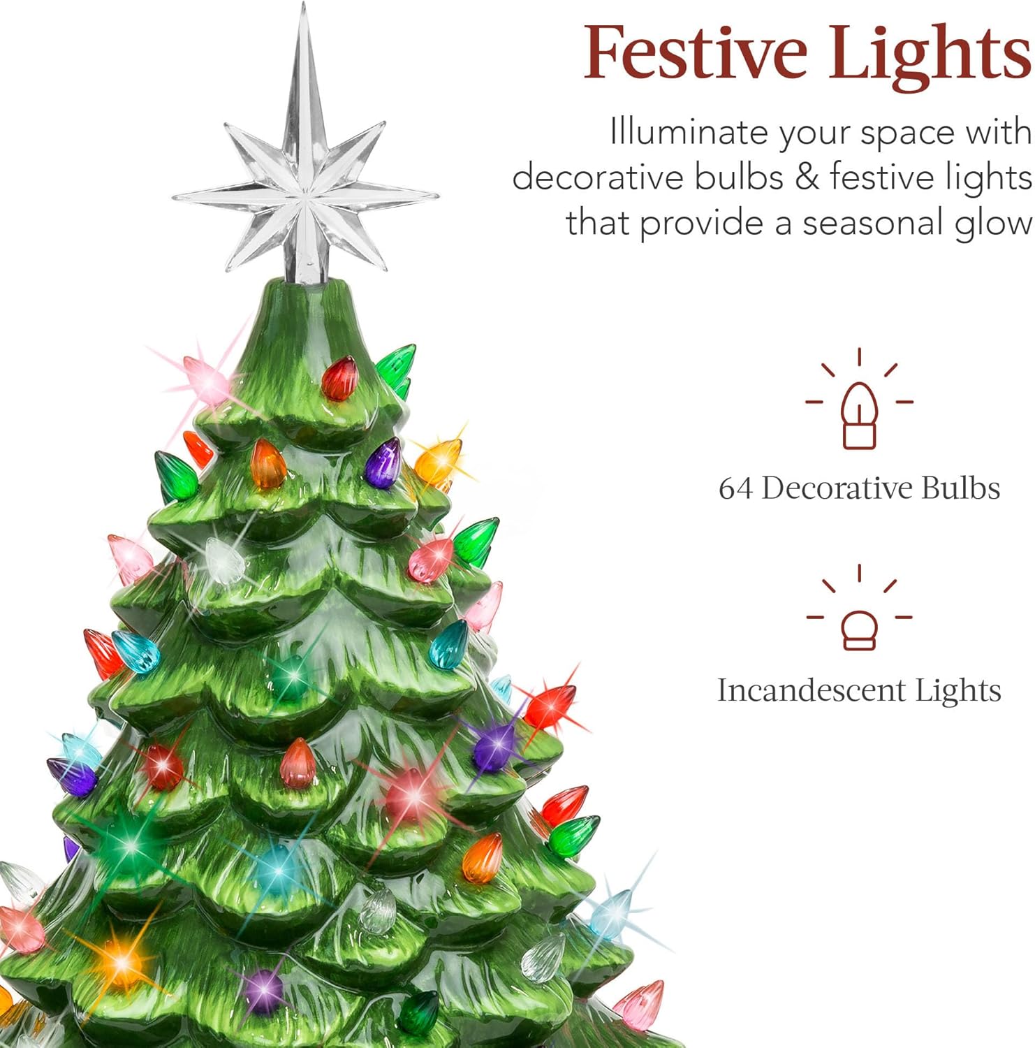 Best Choice Products 15in Ceramic Christmas Tree, Pre-lit Hand-Painted Tabletop Holiday Tree, Star Topper, 64 Lights - Green w/Multicolored Bulbs