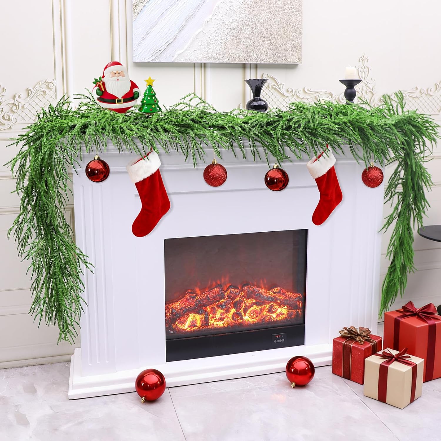 Christmas Garland, 9FT Artificial Norfolk Pine Garland, Real Touch Pine Garland, 96 Branches Christmas Garland for Mantle, Staircase, Banister, Indoor, Outdoor Christmas Decorations