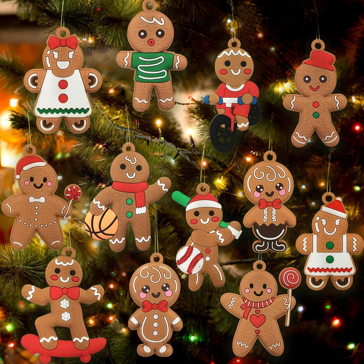 12pcs Gingerbread Man Ornaments for Christmas Tree, Assorted Gingerbread Figurines Ornaments, Christmas Tree Hanging Decorations, 3 Inch Tall