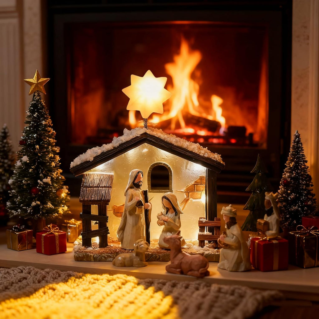 Nativity Set Indoor Christmas Decoration- 13 Pieces Nativity Scene with Manger for Nativity Scene Indoor Use, The Nativity Story Figures- Christian Religious Nativity Sets & Figures (Classic)