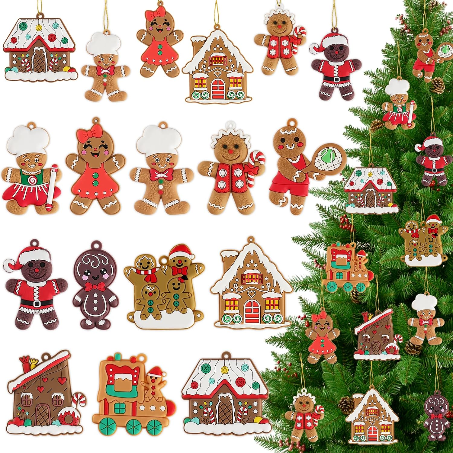 12pcs Gingerbread Man Ornaments for Christmas Tree, Assorted Gingerbread Figurines Ornaments, Christmas Tree Hanging Decorations, 3 Inch Tall