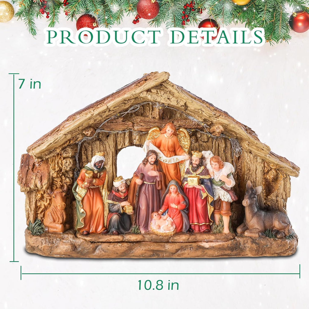 Bdor Nativity Scene Christmas Decoration, 11.4x3.5x7 Inch Lighted Jesus Birth Display, Holy Family Christmas Tabletop Decoration, Electric Manger Scene with LED Lights