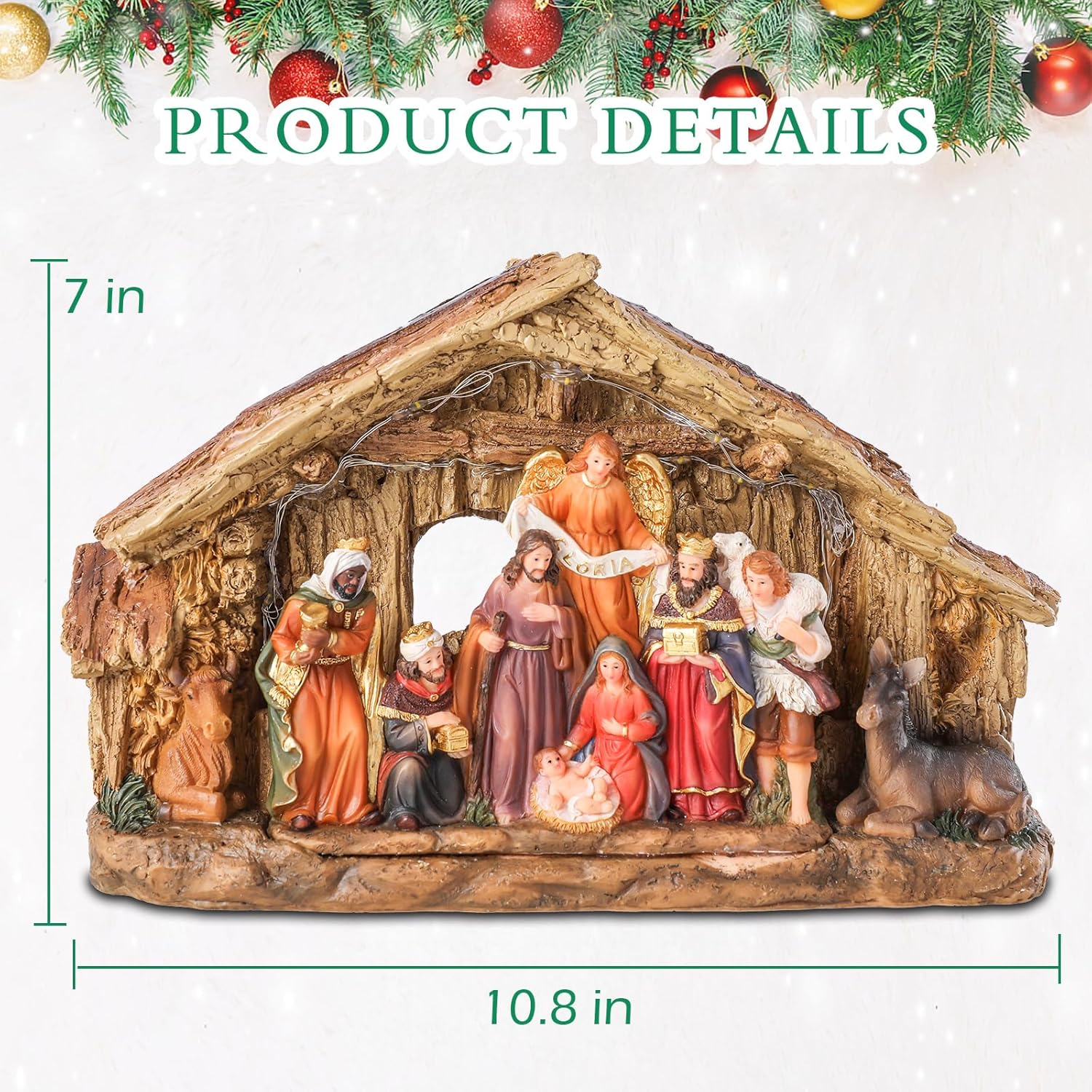 Bdor Nativity Scene Christmas Decoration, 11.4x3.5x7 Inch Lighted Jesus Birth Display, Holy Family Christmas Tabletop Decoration, Electric Manger Scene with LED Lights