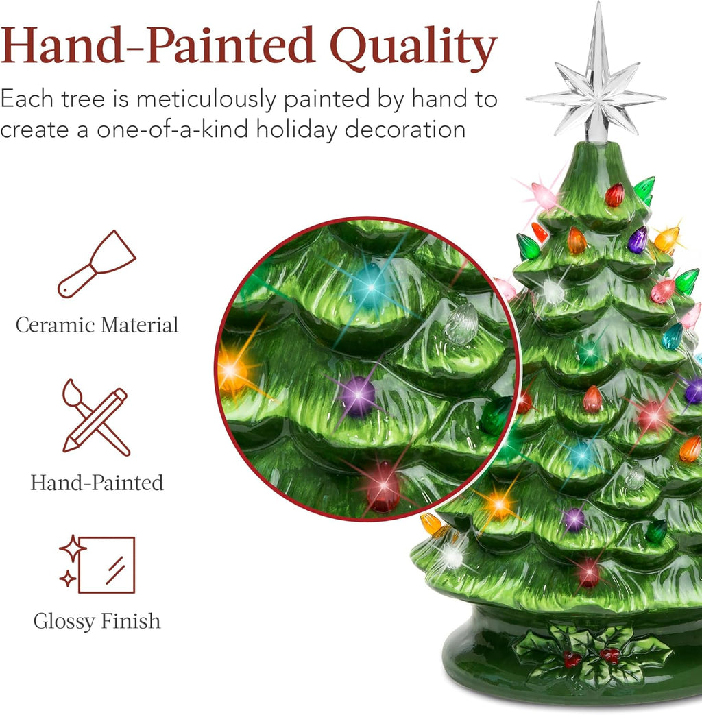 Best Choice Products 15in Ceramic Christmas Tree, Pre-lit Hand-Painted Tabletop Holiday Tree, Star Topper, 64 Lights - Green w/Multicolored Bulbs