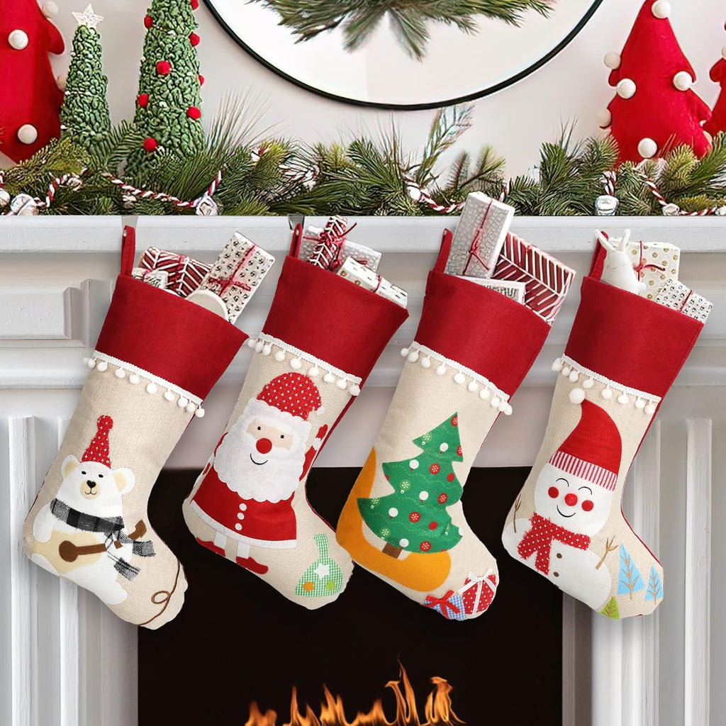 Christmas Stockings 4 Pack, 18'' Large Xmas Stockings with Santa Snowman Gnomes Pattern, Christmas Stockings for Family Stairs Fireplace Tree Hanging Home Decorations Party Season Decor