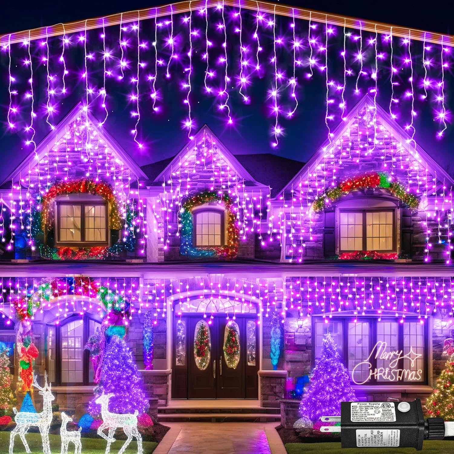 Warm White Christmas Lights Outdoor, 66ft 640 LED Icicle Lights for Outside House with Connectable Clear Wire 8 Modes Timer, Plug in Waterproof for Eaves Yard Party Indoor Holiday Decoration
