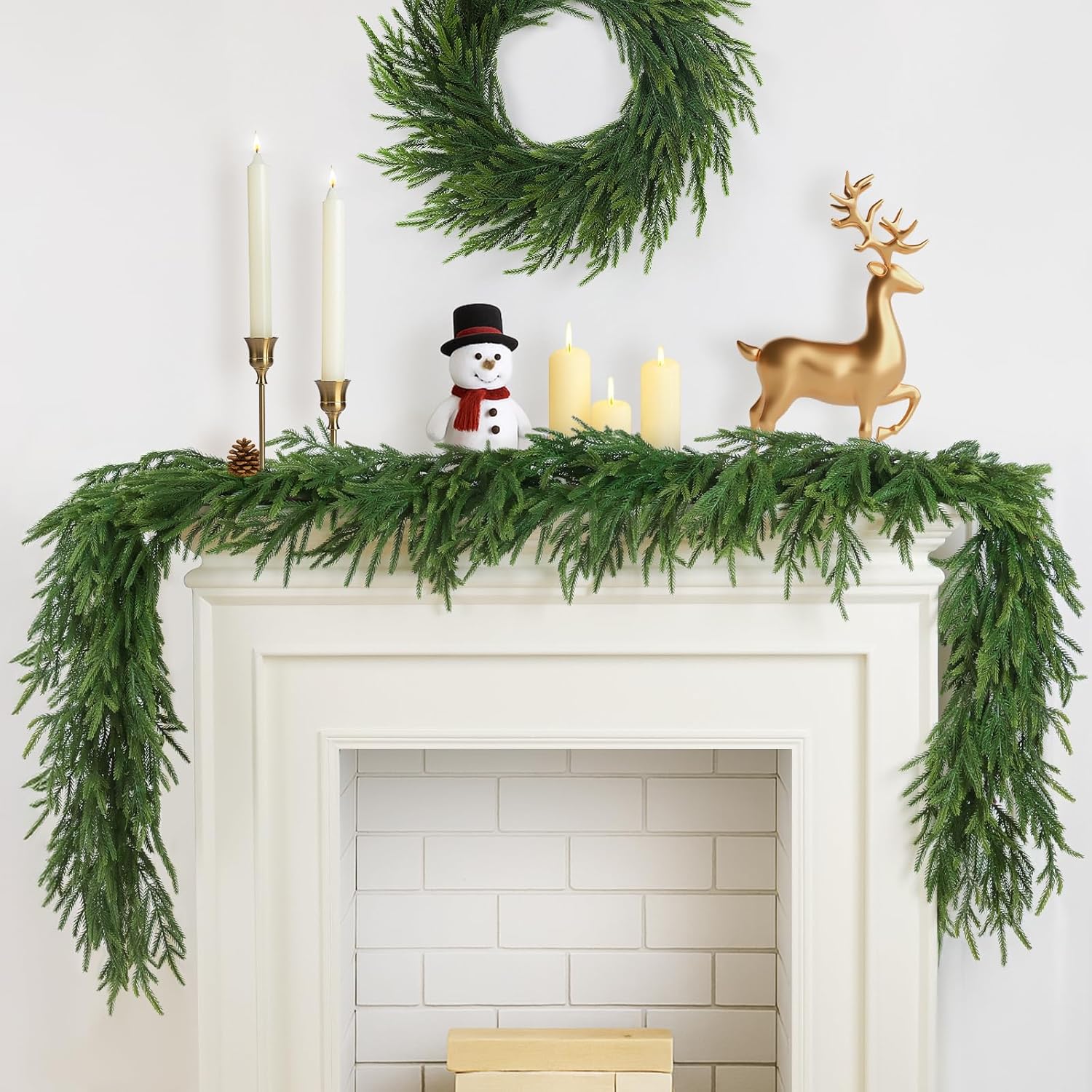 12FT（2 * 6FT） Christmas Norfolk Pine Garland, Real Touch Faux Green Garlands, Winter Artificial Greenery Garland for Mantle, Stairs, Table, Fireplace, Indoor & Outdoor Xmas Decorations