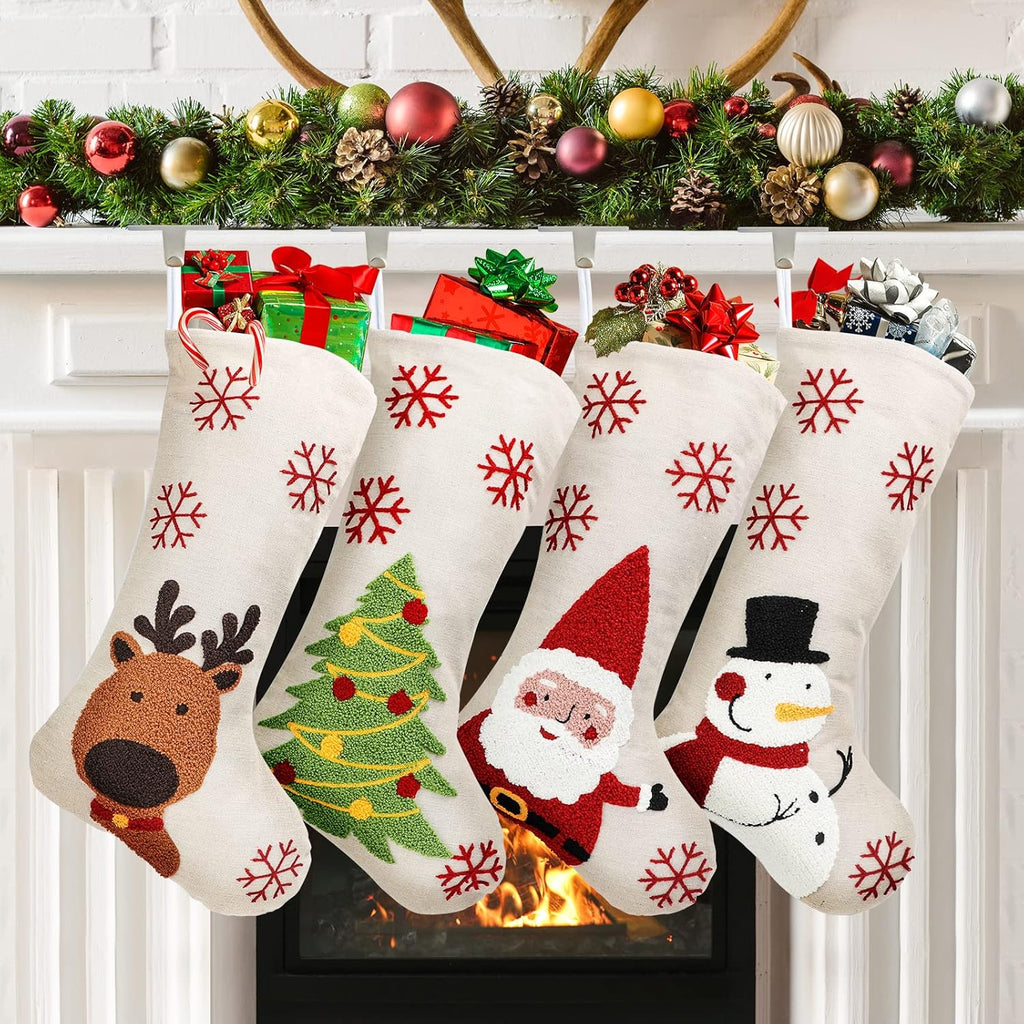 Christmas Stockings 4 Pack, 18'' Large Xmas Stockings with Santa Snowman Gnomes Pattern, Christmas Stockings for Family Stairs Fireplace Tree Hanging Home Decorations Party Season Decor