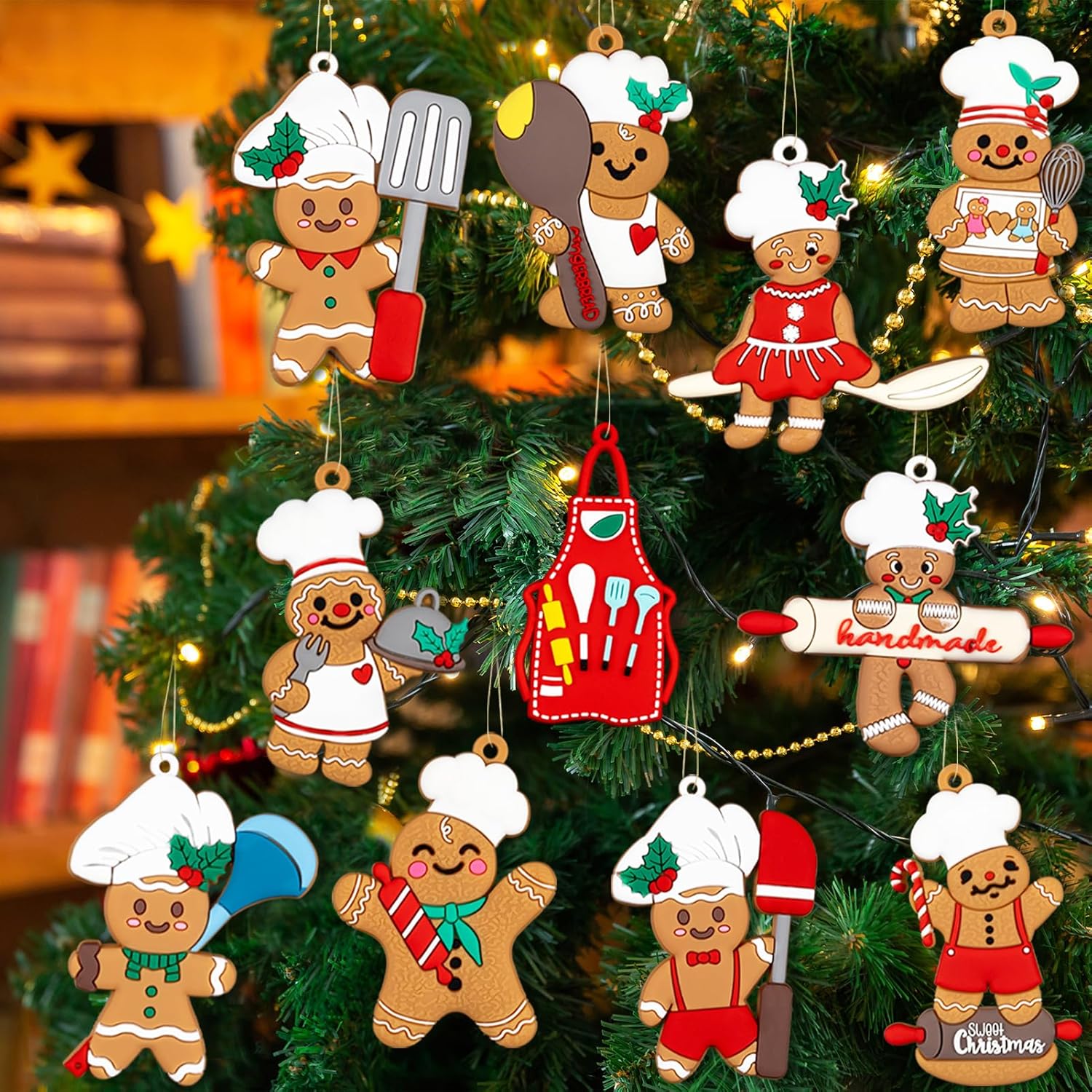 12pcs Gingerbread Man Ornaments for Christmas Tree, Assorted Gingerbread Figurines Ornaments, Christmas Tree Hanging Decorations, 3 Inch Tall