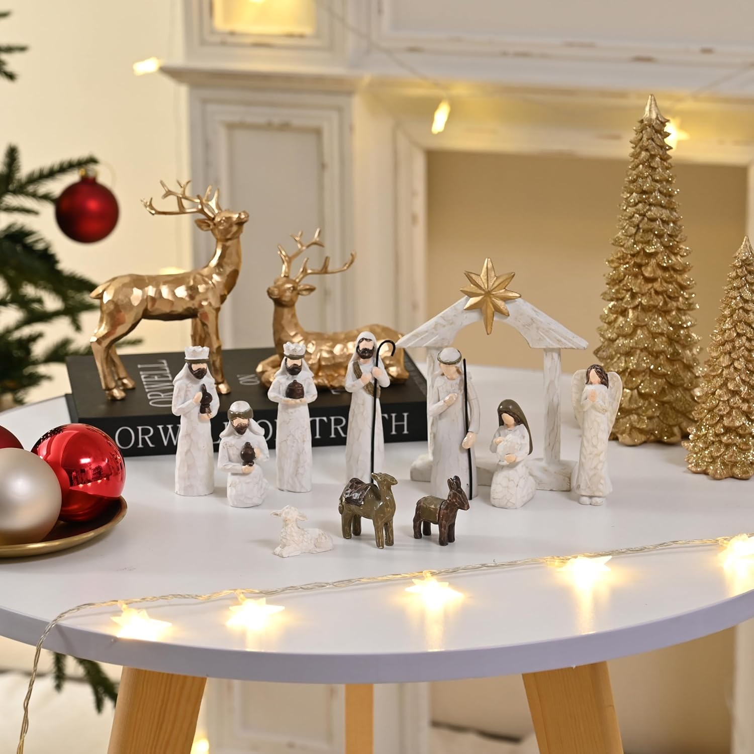 White Nativity Set for Kids, Resin Small Christmas Nativity Figurine, 11Pcs Miniature Nativity Scene, Modern Holy Family Manger Scene Tabletop Nativity Figurines for Christmas Indoor Decor