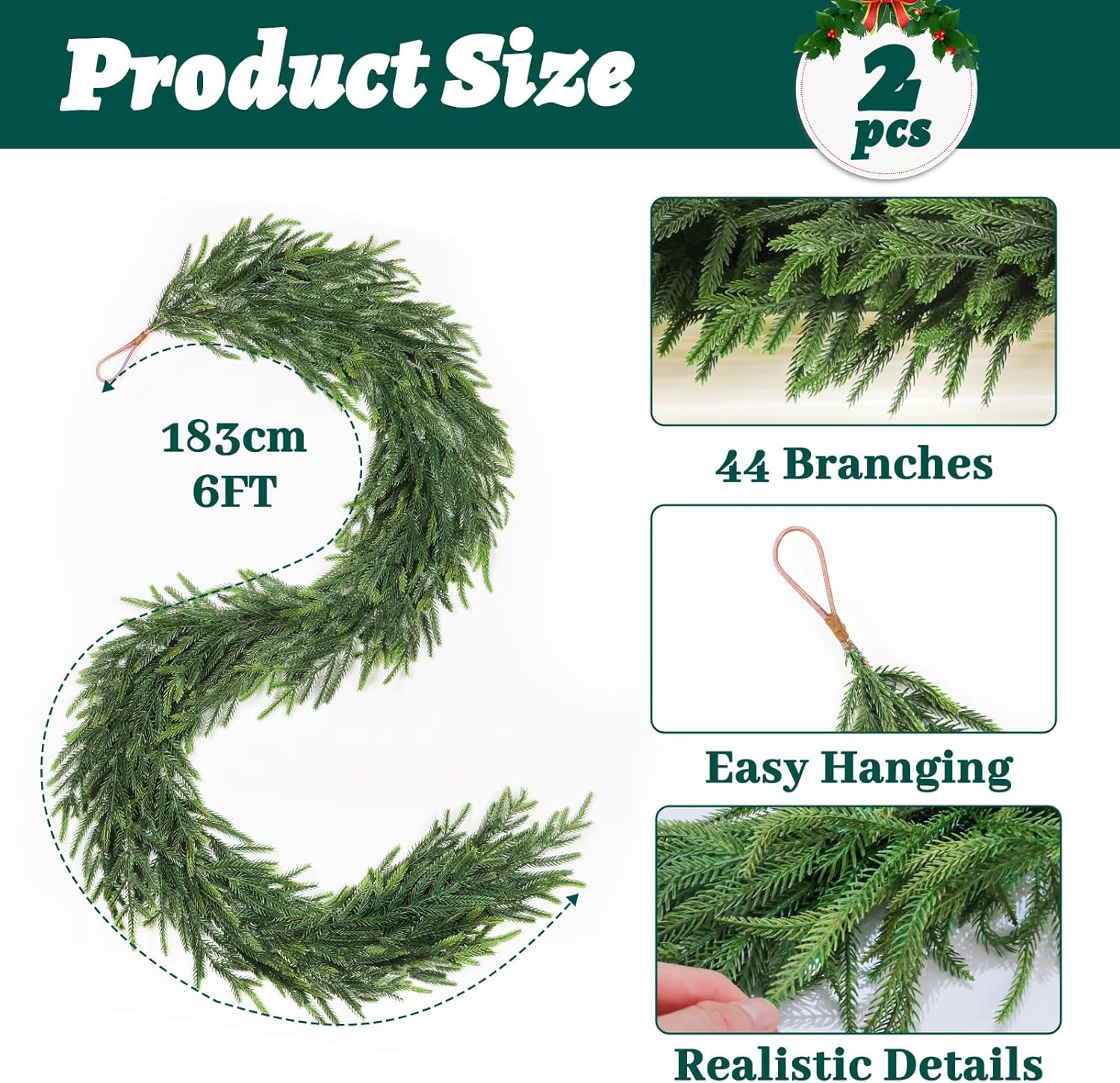 12FT（2 * 6FT） Christmas Norfolk Pine Garland, Real Touch Faux Green Garlands, Winter Artificial Greenery Garland for Mantle, Stairs, Table, Fireplace, Indoor & Outdoor Xmas Decorations
