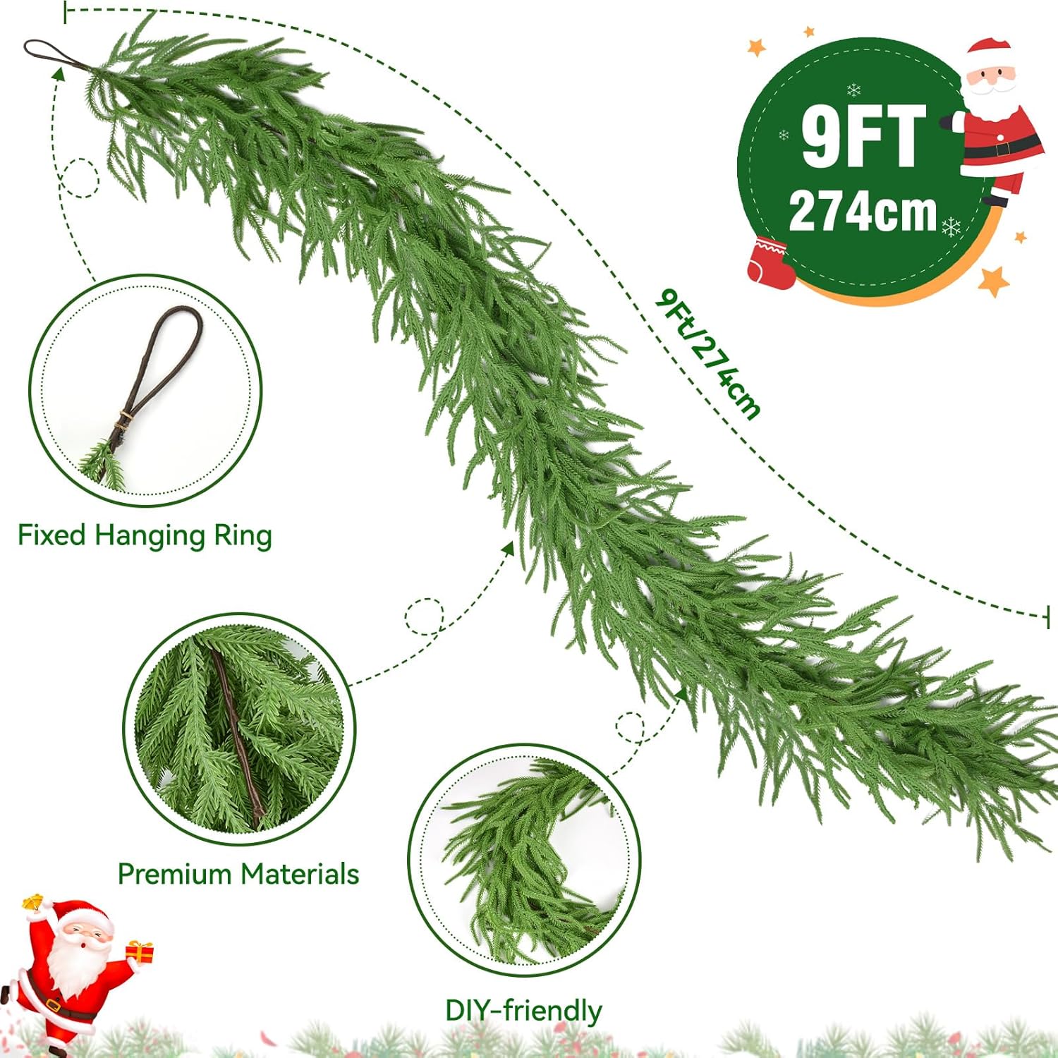 Christmas Garland, 9FT Artificial Norfolk Pine Garland, Real Touch Pine Garland, 96 Branches Christmas Garland for Mantle, Staircase, Banister, Indoor, Outdoor Christmas Decorations