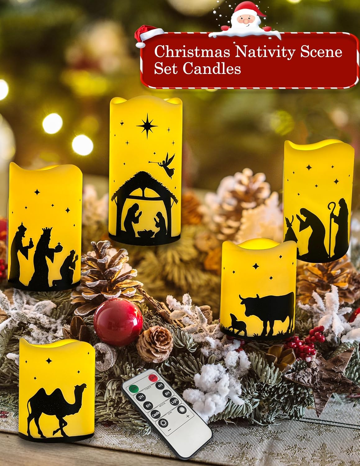 5 Pcs Flameless Christmas Nativity Scene Candles with Timer, Nativity Scene Set Candles Christmas Decorations Indoor Outdoor, Flickering LED Religious Candle for Home Holiday Decor
