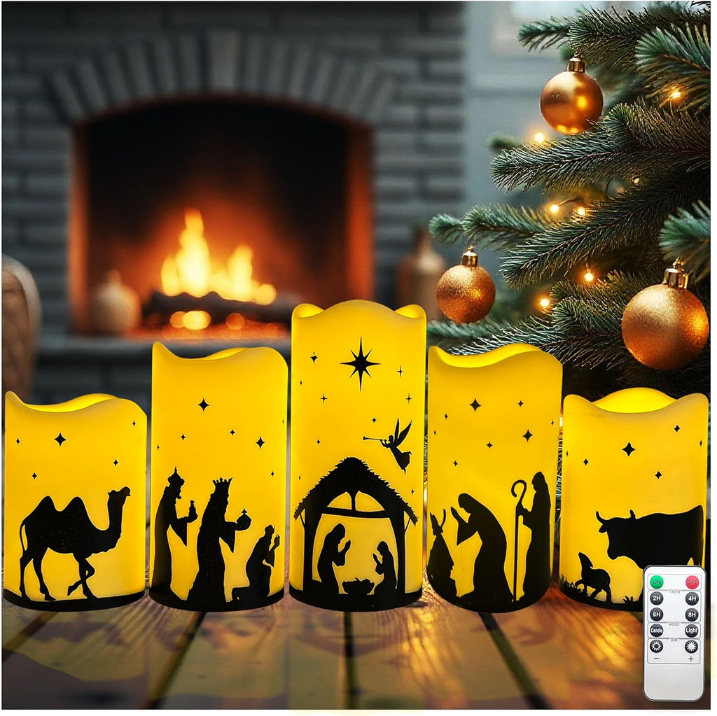 5 Pcs Flameless Christmas Nativity Scene Candles with Timer, Nativity Scene Set Candles Christmas Decorations Indoor Outdoor, Flickering LED Religious Candle for Home Holiday Decor